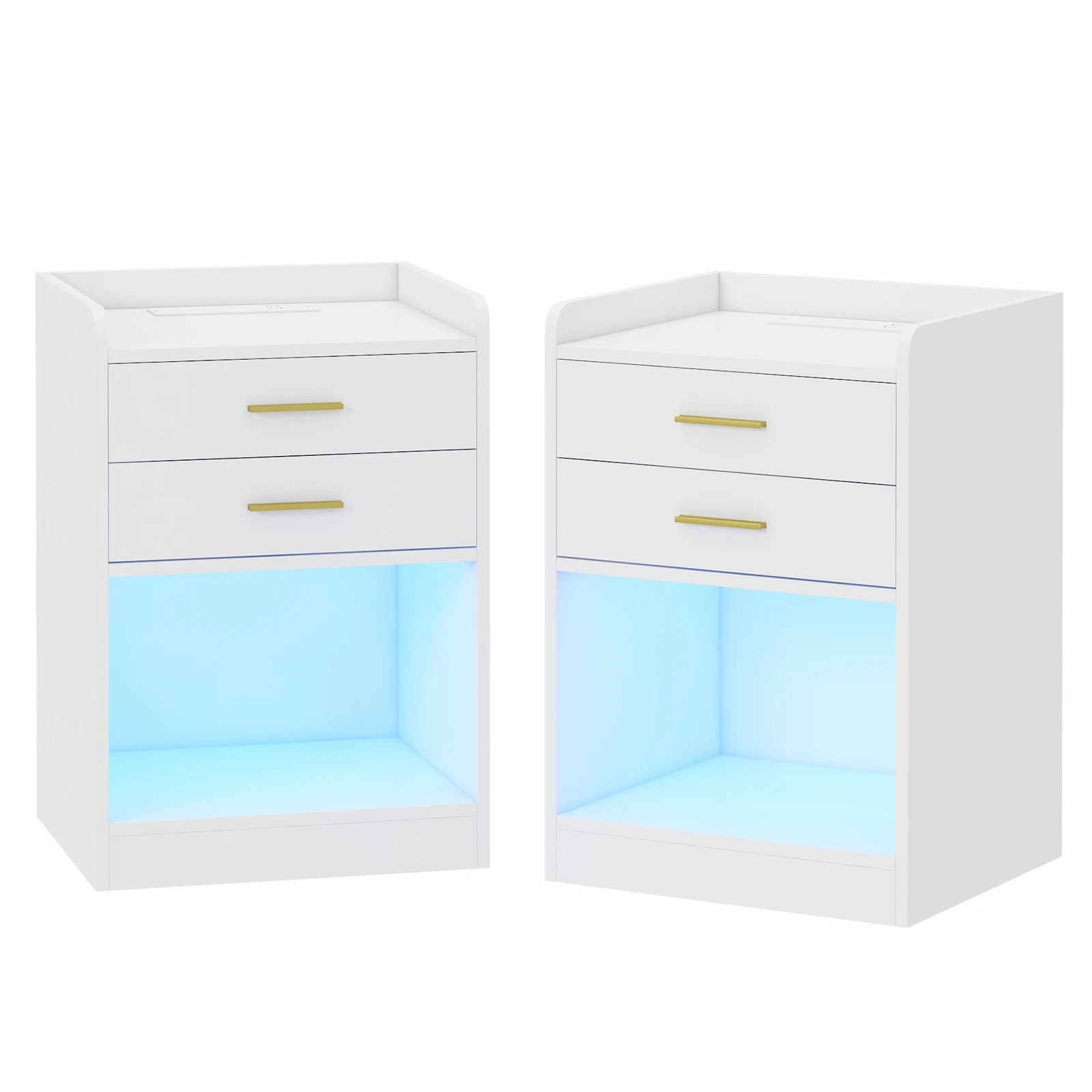1 Advwin LED 2x Bedside Table with Charging Station 2 Drawers Nightstand - White, 1 of 8