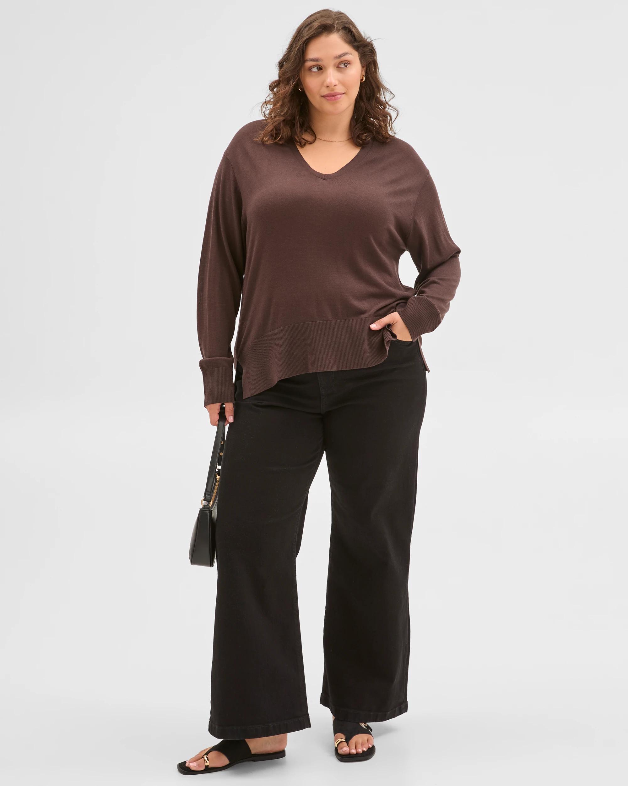 1 Target Curve Plus Size Australian Merino Wool Blend Long Sleeve V-Neck Top BLACK COFFEE, 1 of 6