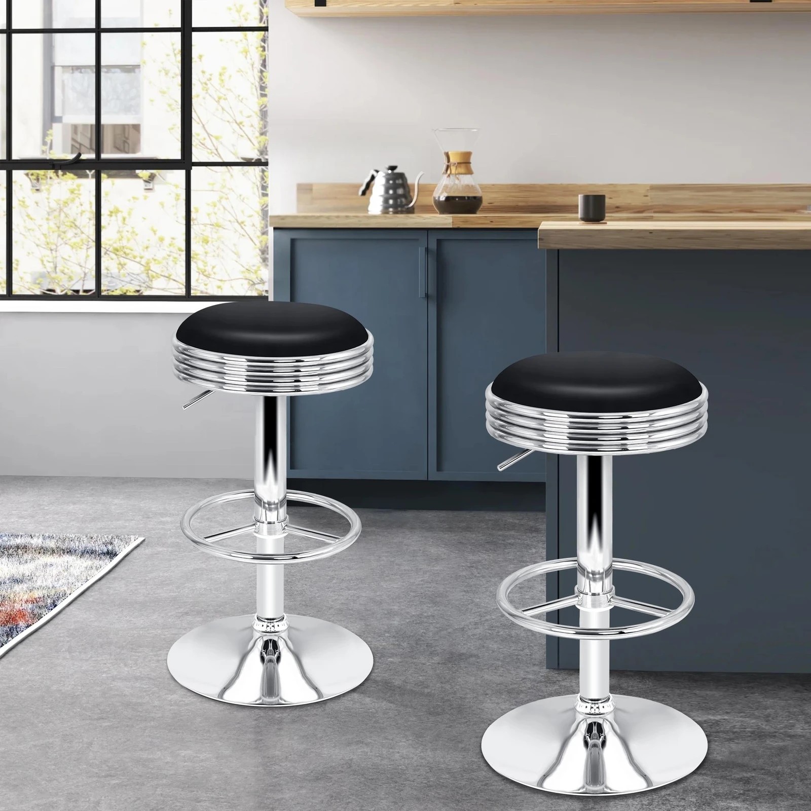 2 Alfordson 2x Bar Stools Sade Kitchen Swivel Chair Leather Gas Lift - Black, 2 of 9