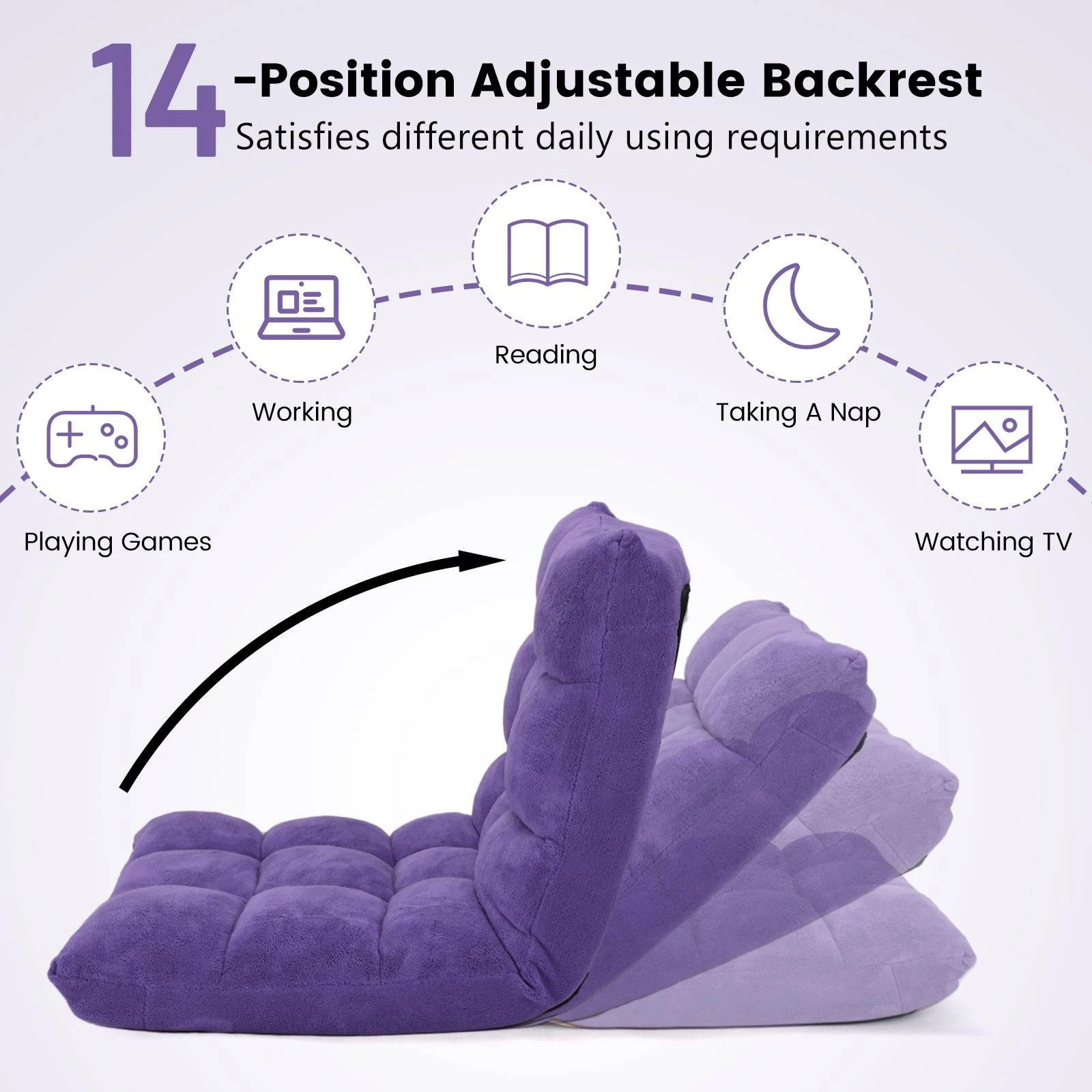 4 Costway Adjustable Floor Chair Lazy Sofa Velvet Lounge Recliner - Purple, 4 of 8