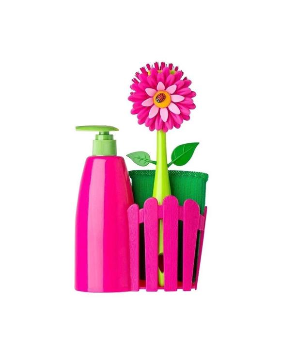 Vigar Flower Power 3 Piece Set  Sink Caddy Dish Brush Dispenser 340ml Pink