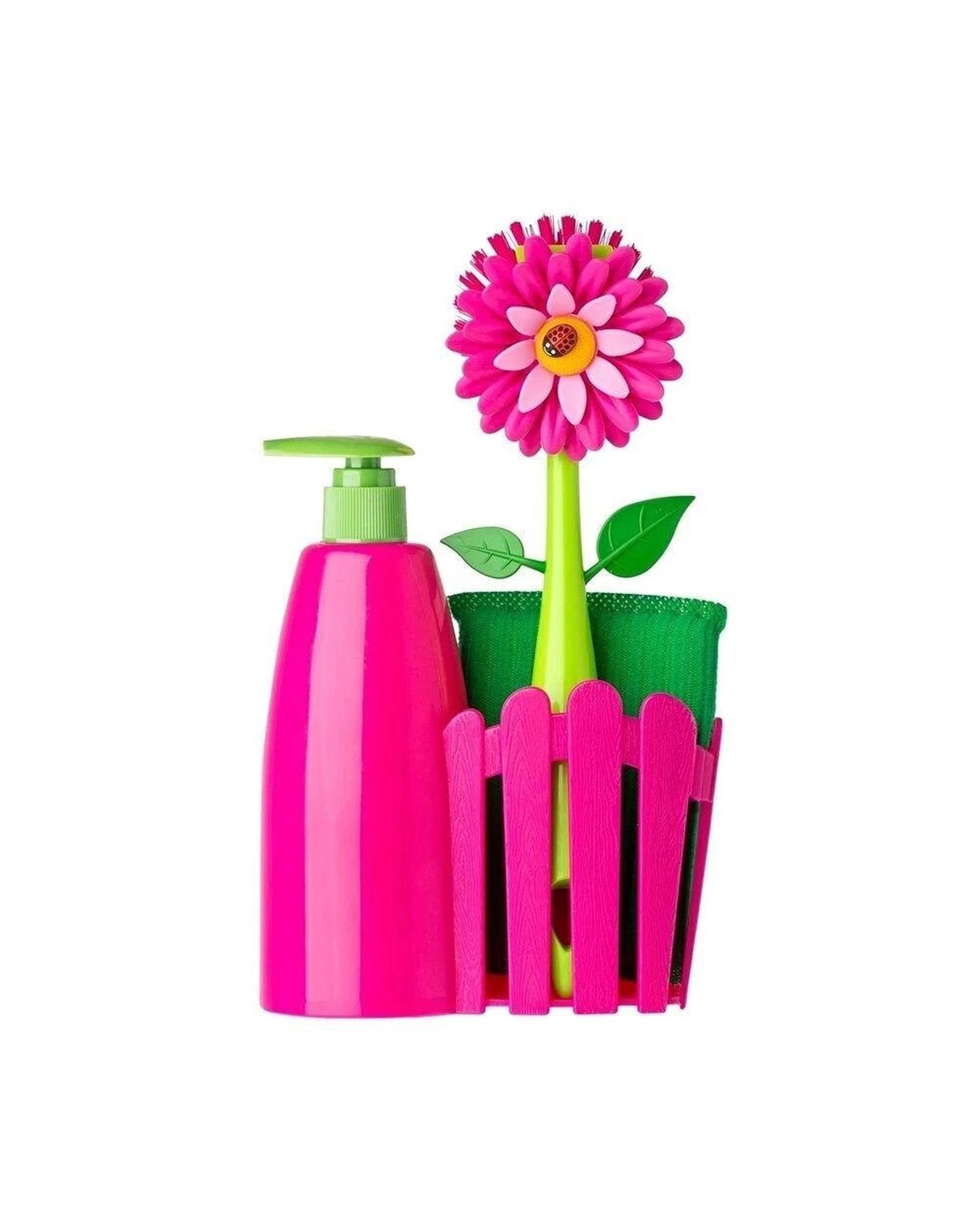 1 Vigar Flower Power 3 Piece Set  Sink Caddy Dish Brush Dispenser 340ml Pink, 1 of 3