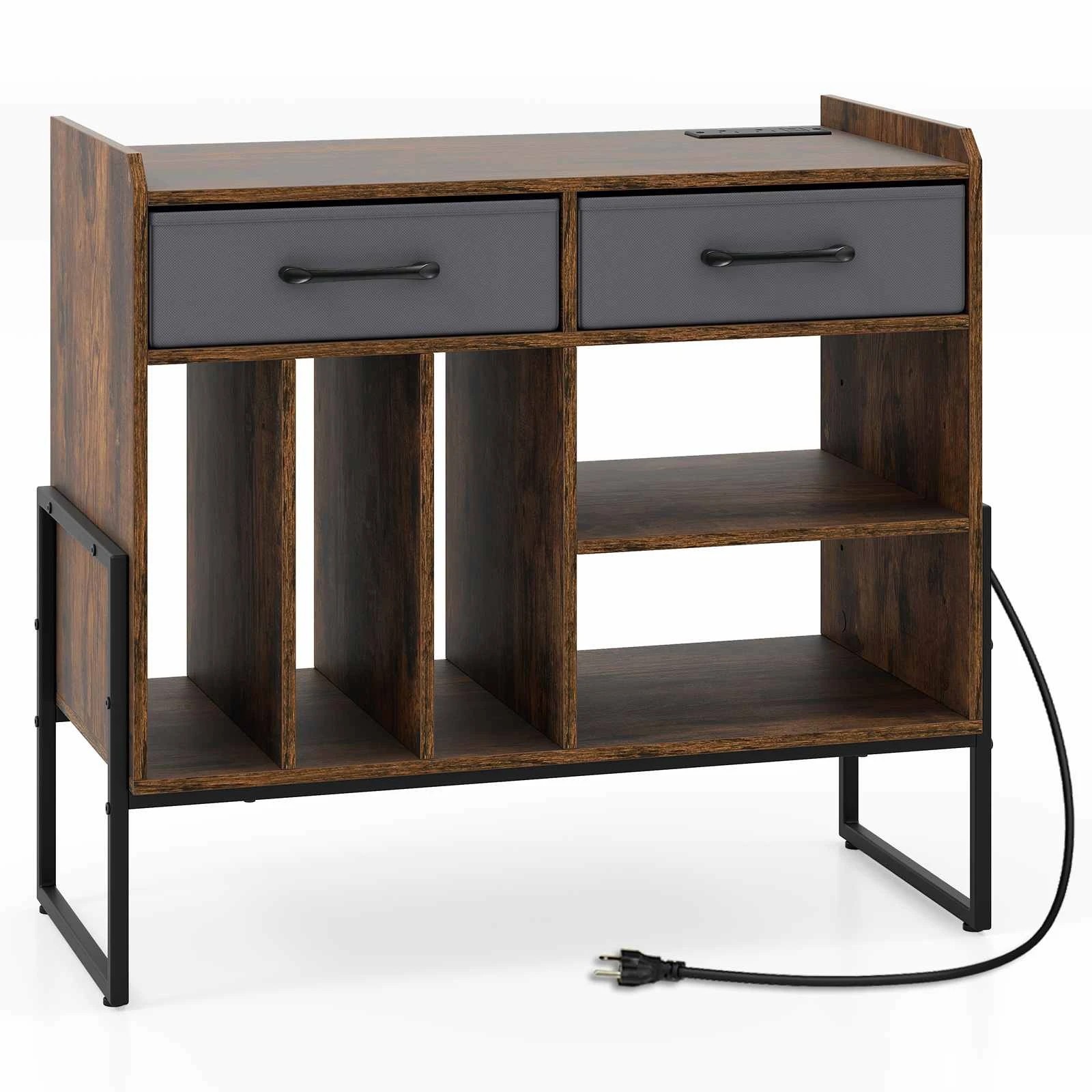 1 Costway Record Player Stand Vinyl Cabinet w/Charging Station, 1 of 4