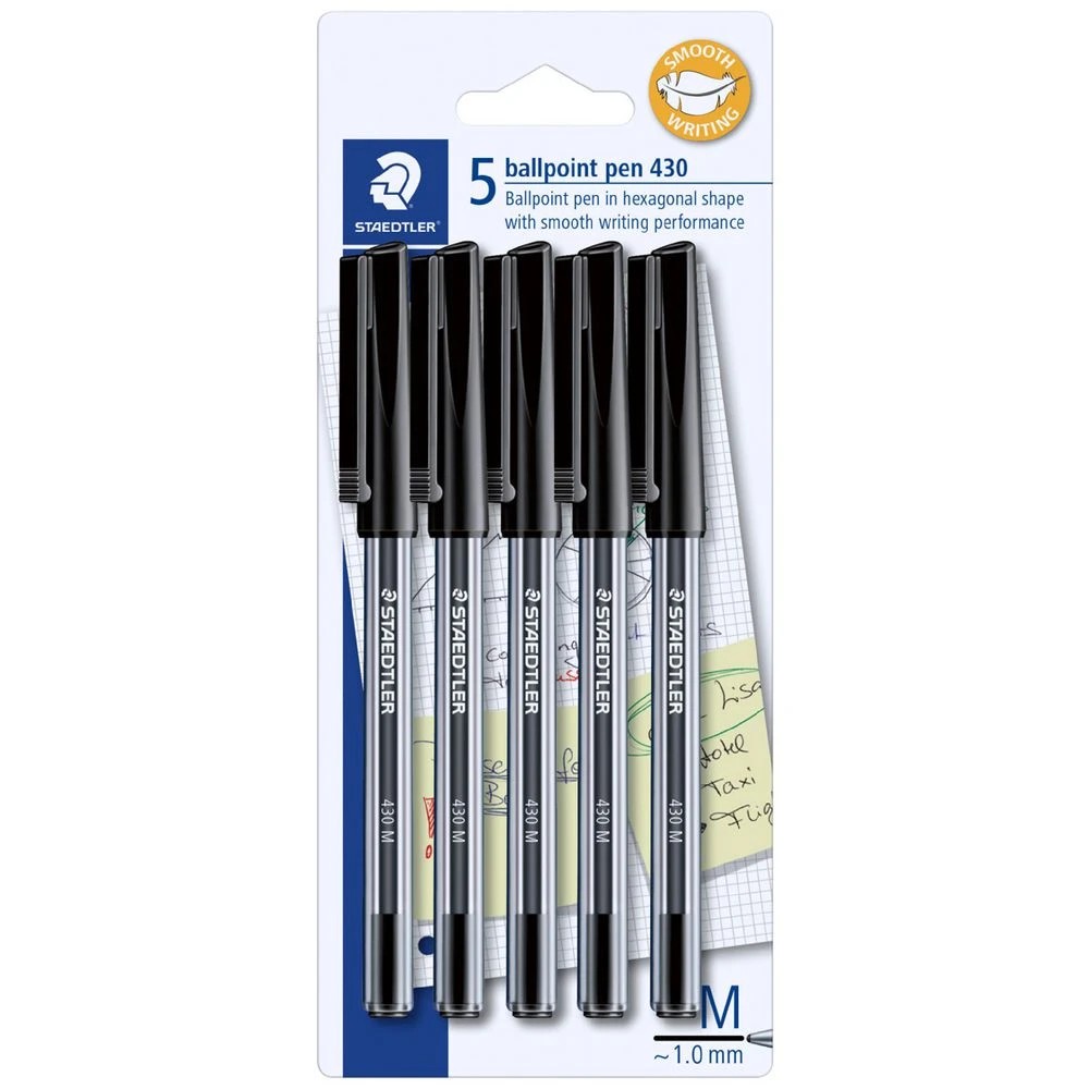 1 Staedtler 430 Medium Ballpoint Pens Black 5 Pack, 1 of 2