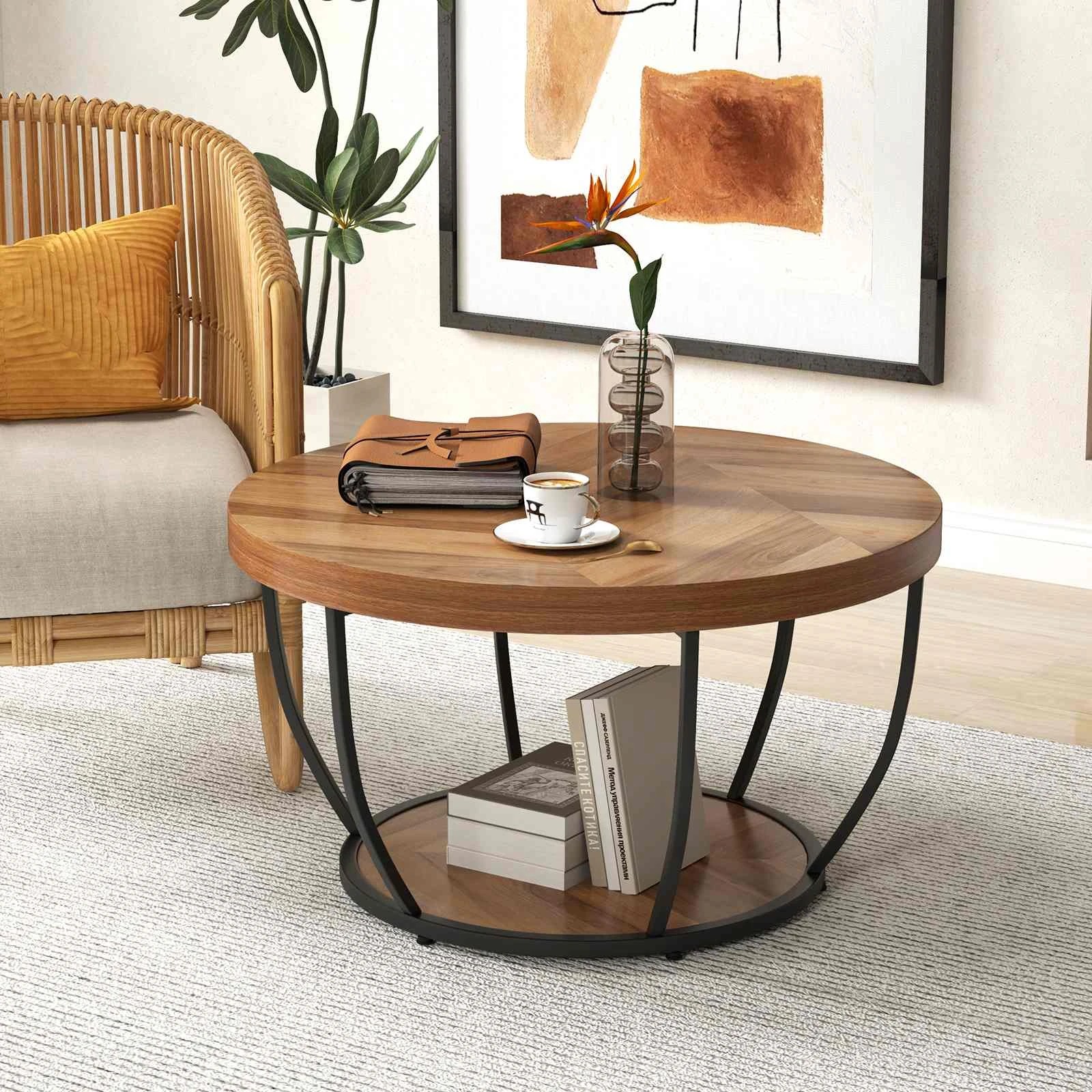 4 Costway 2-Tier Round Coffee Table Heavy-duty Metal Frame Tea Cocktail Table, 4 of 5
