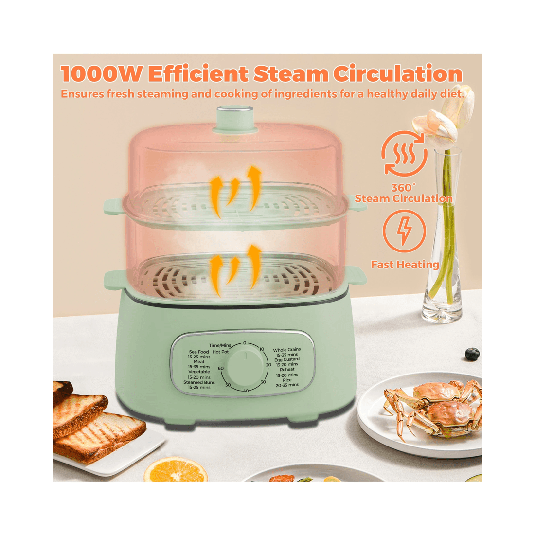4 Advwin Electric Food Steamer, 12l Electric Steamer Pot With 2 Removable Steamer Trays, 4 of 7