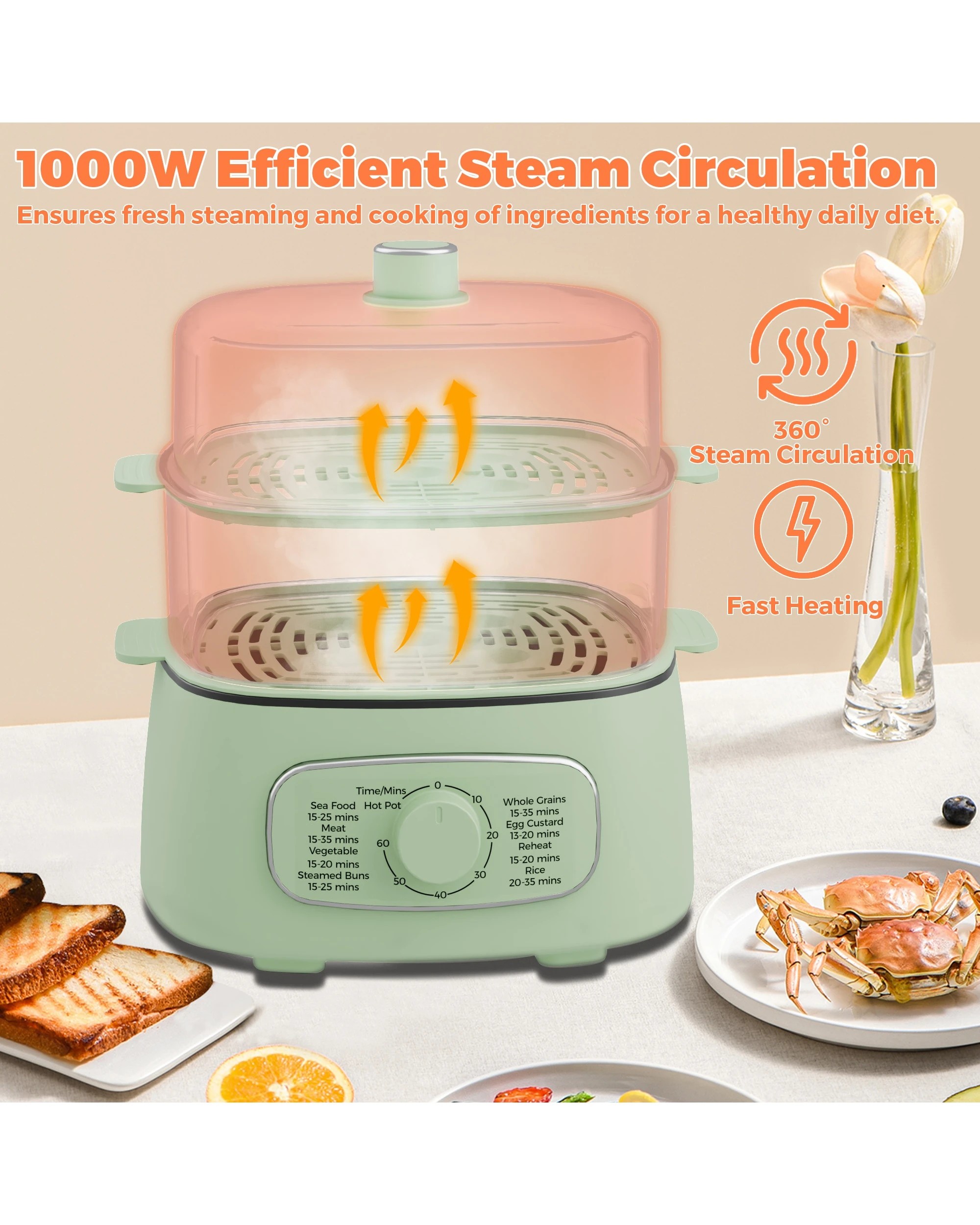 4 Advwin Electric Food Steamer, 12l Electric Steamer Pot With 2 Removable Steamer Trays, 4 of 7