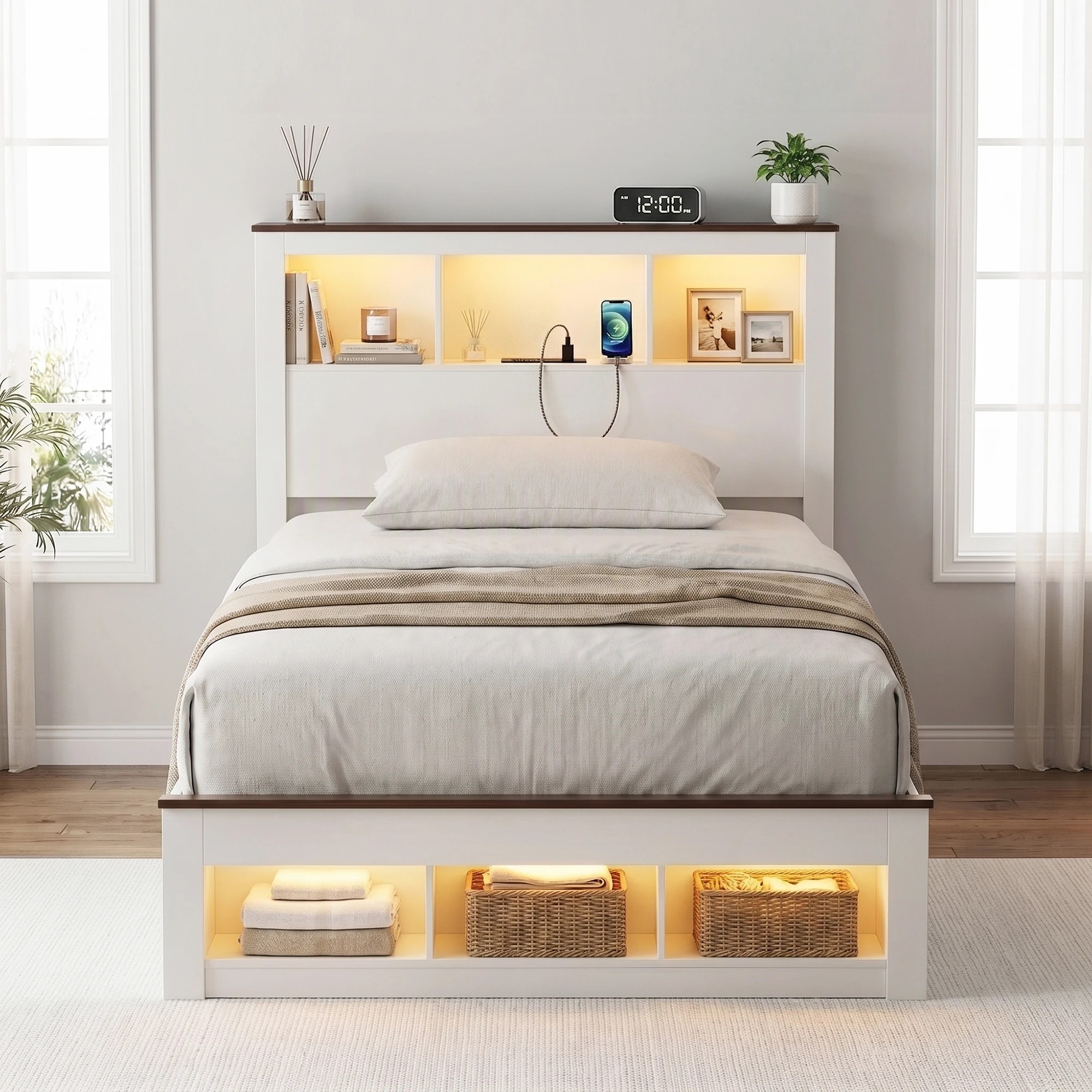 8 Artiss Bed Frame with Storage Bookcase Headboard and Footboard, - Single Bed - White, 8 of 9