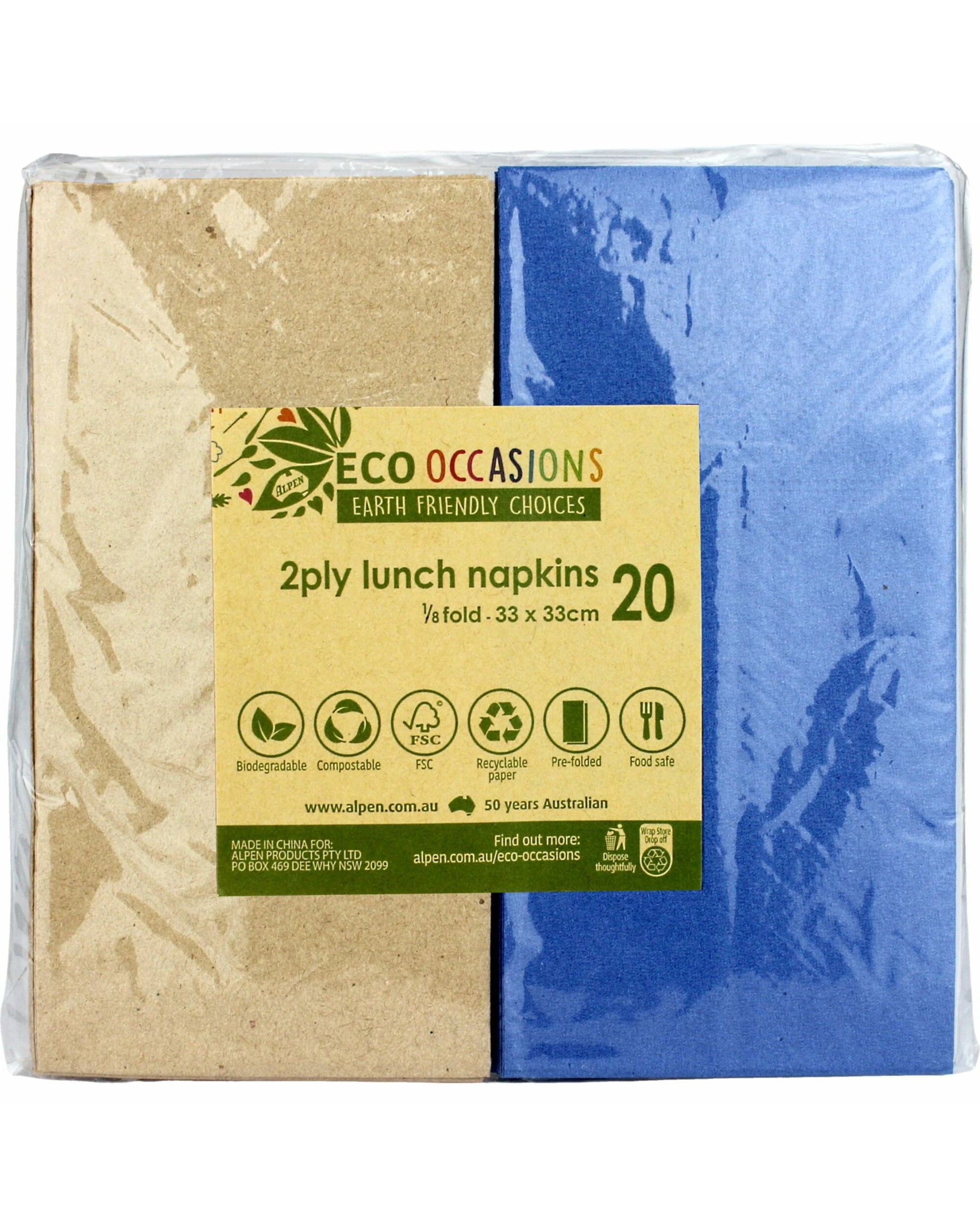 2 Alpen Classic Royal and Eco Brown Napkins Serviettes 1 8 GT Fold Pack of 20 - Blue, 2 of 2