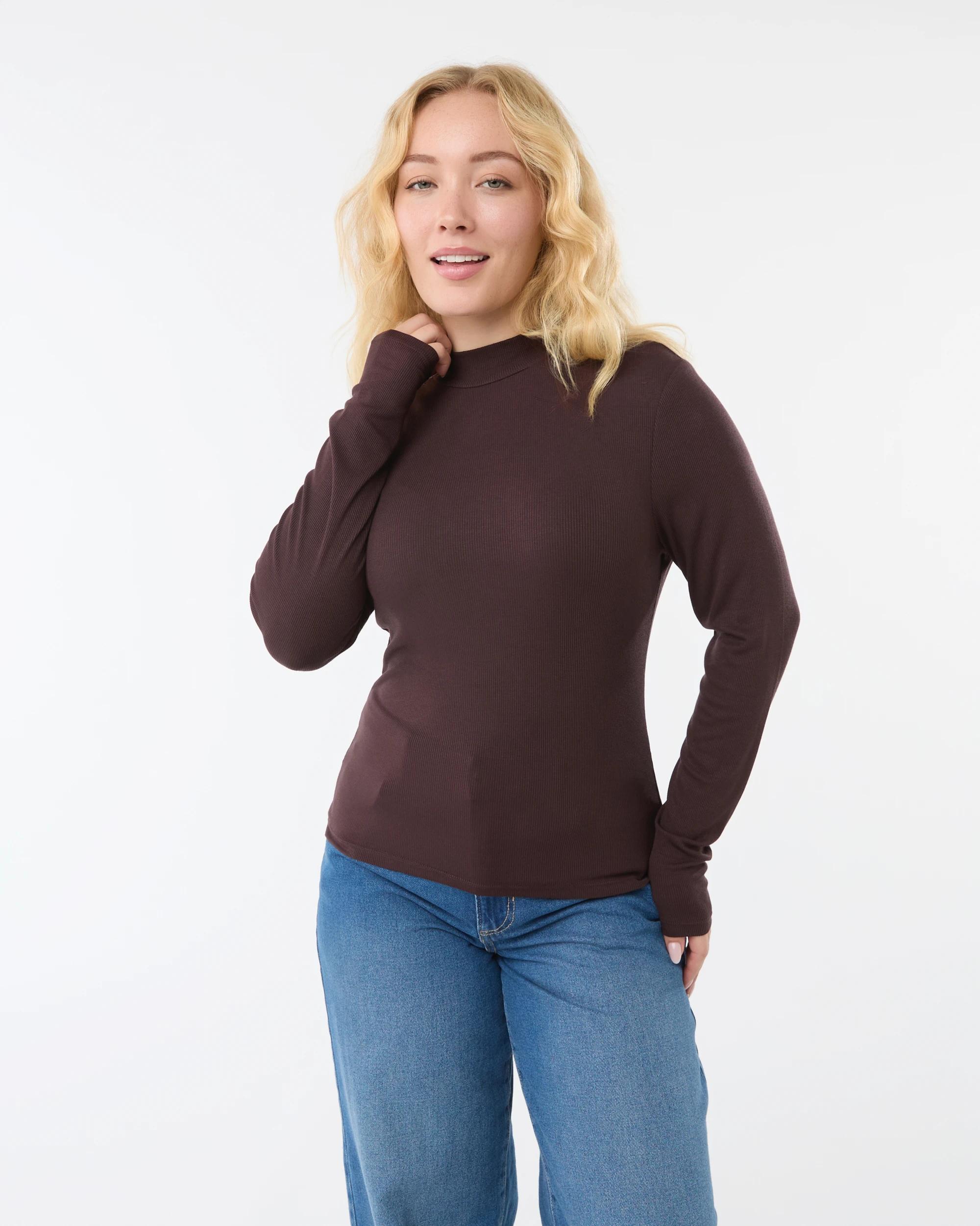 1 Long Sleeve Rib Mock Neck Top Choc Plum, 1 of 6