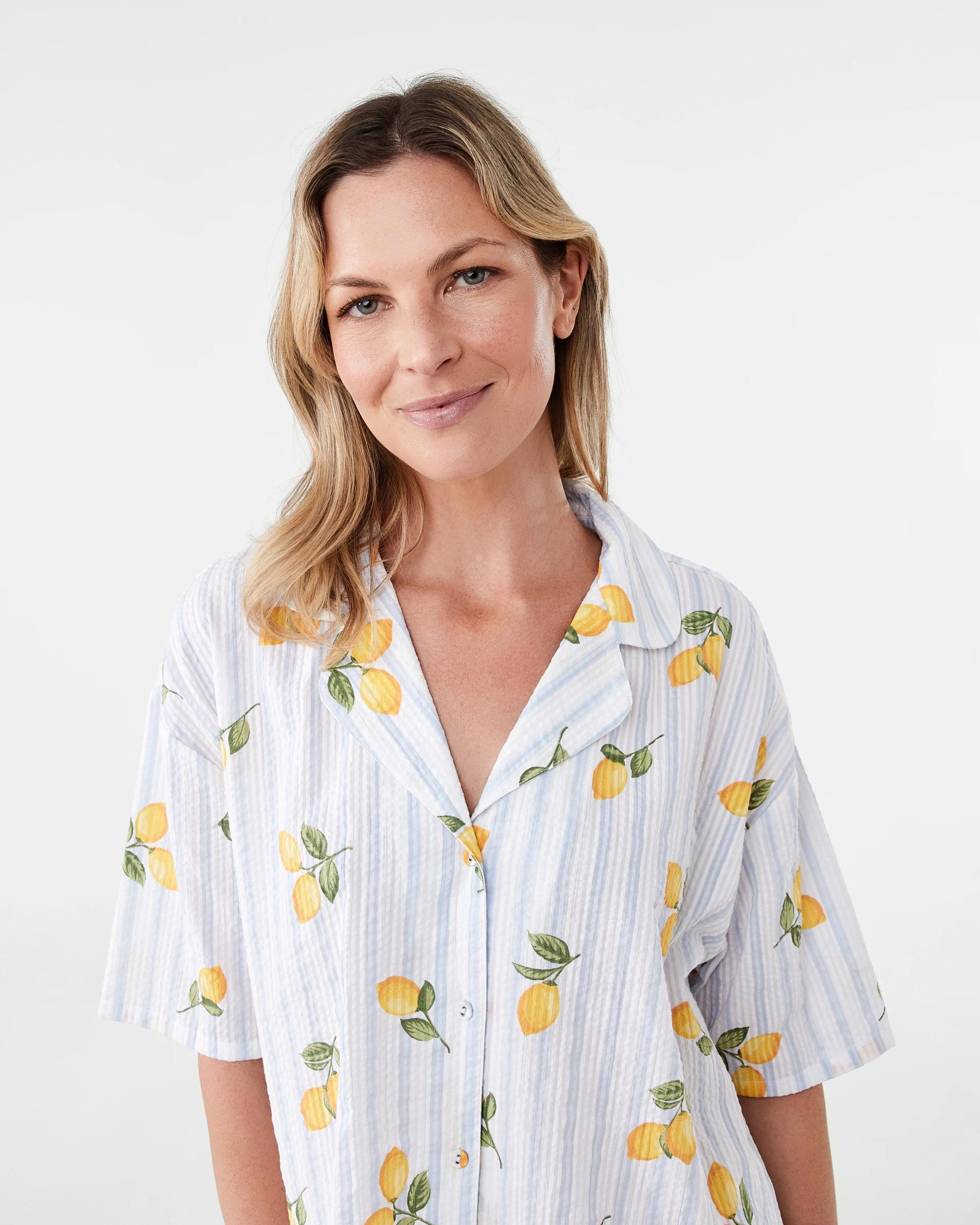 4 Cotton Seersucker Short Sleeve and Shorts Pyjama Set Lemon Strp, 4 of 8