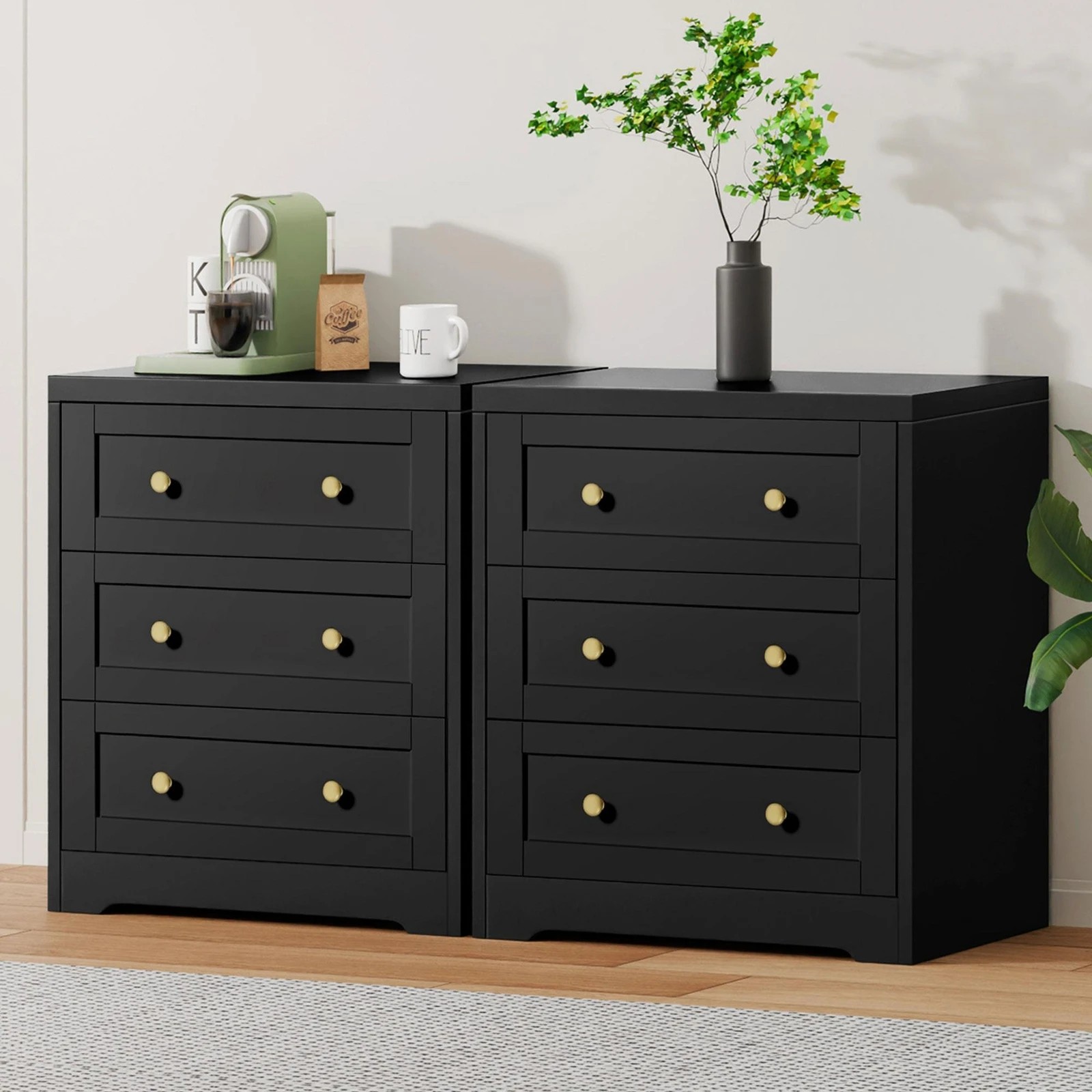 2 Alfordson 2x Chest of Drawers Storage Cabinet Bedside Table Hamptons Drawers - Black, 2 of 8