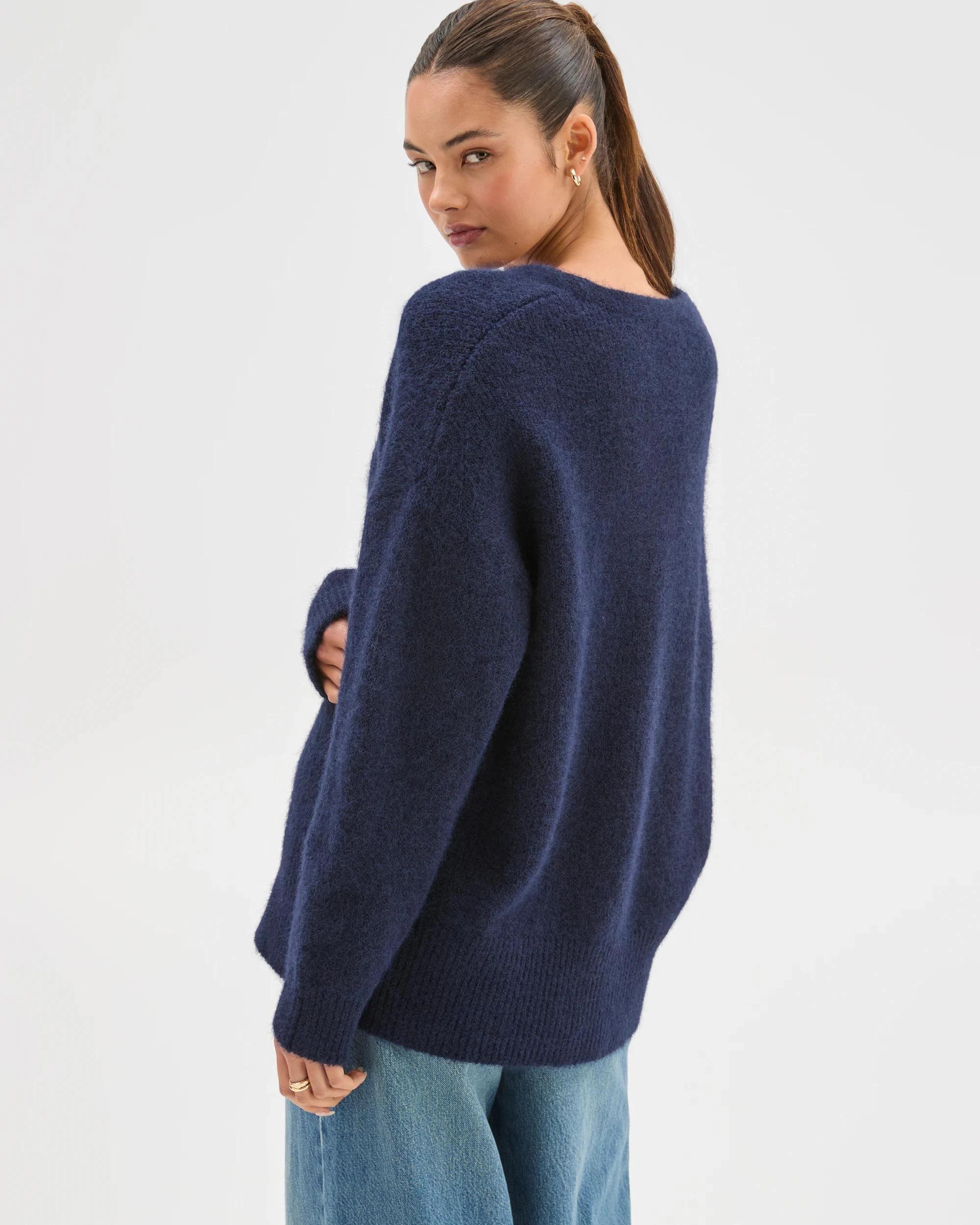 4 Lily Loves V-Neck Fluffy Knit Jumper DEEP NAVY, 4 of 7