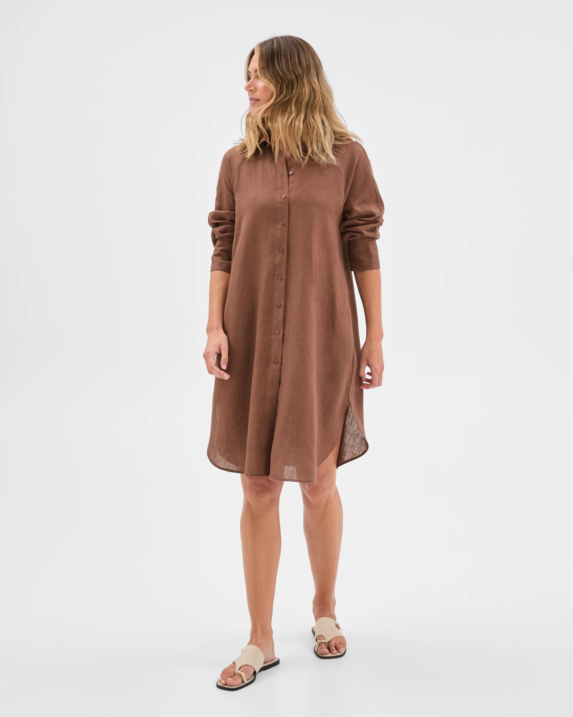 2 Target Woman European Linen 3/4 Sleeve Midi Shirt Dress WARM BROWN, 2 of 6
