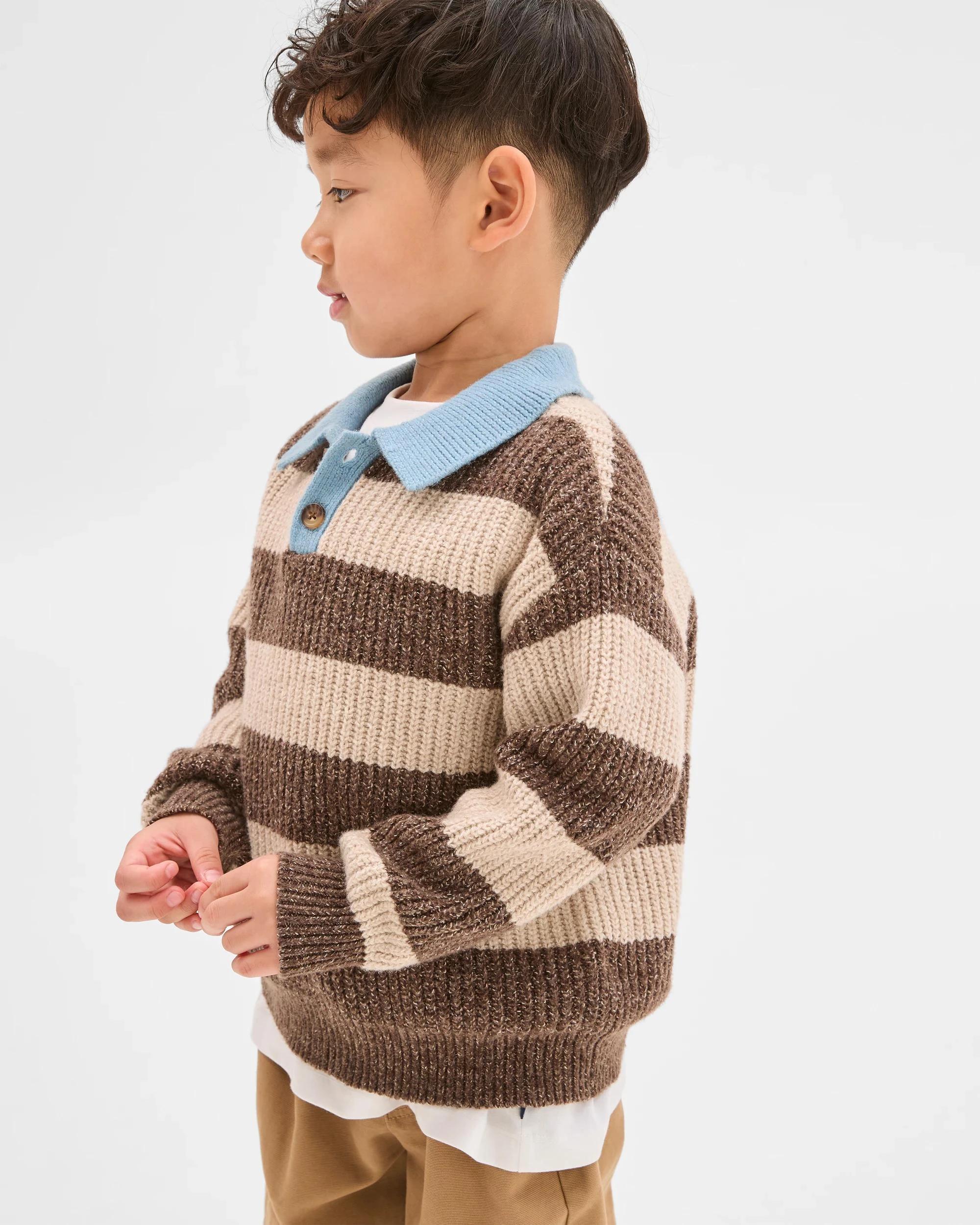 3 Target Kids Long Sleeve Striped Knit Polo Top BROWN, 3 of 6