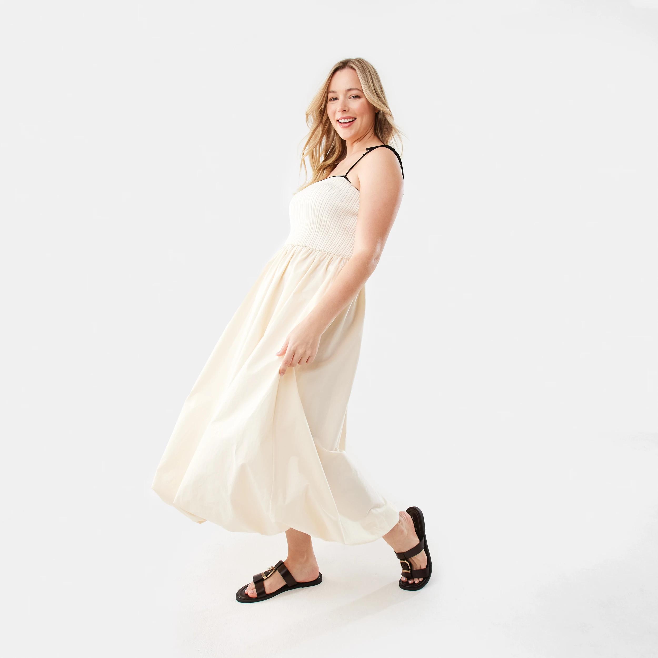 3 Sleeveless Knit Woven Bubble Hem Midi Dress Nat Beige, 3 of 11