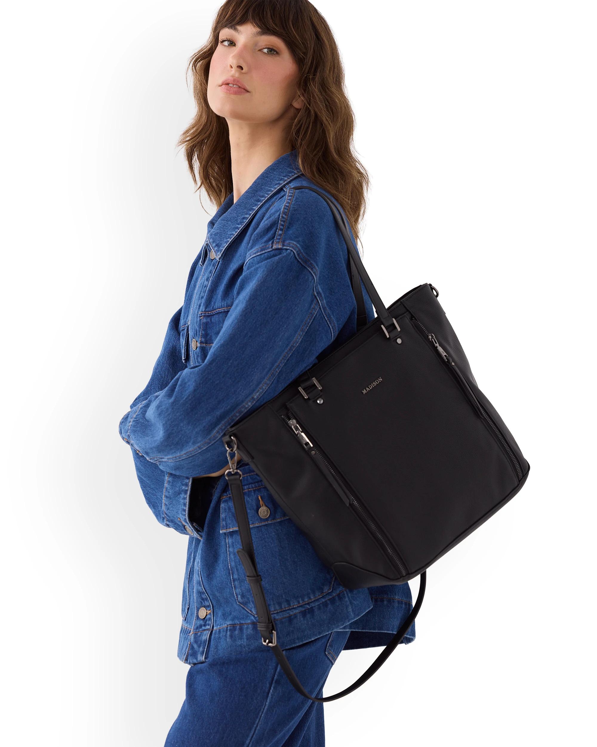 8 Madison Accessories Amelia Large Zip Detail Tote BLACK GUNMETAL, 8 of 8