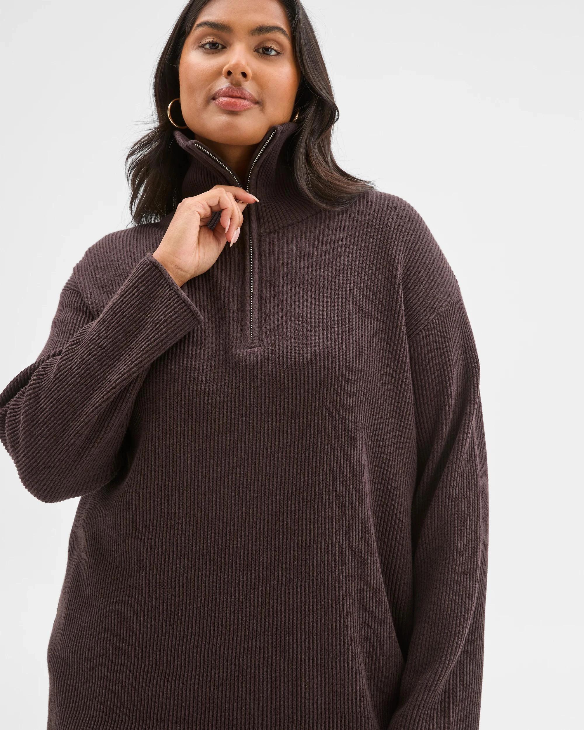 6 Target Curve Plus Size Australian Cotton Blend 1/4 Zip Jumper BRUNETTE, 6 of 6