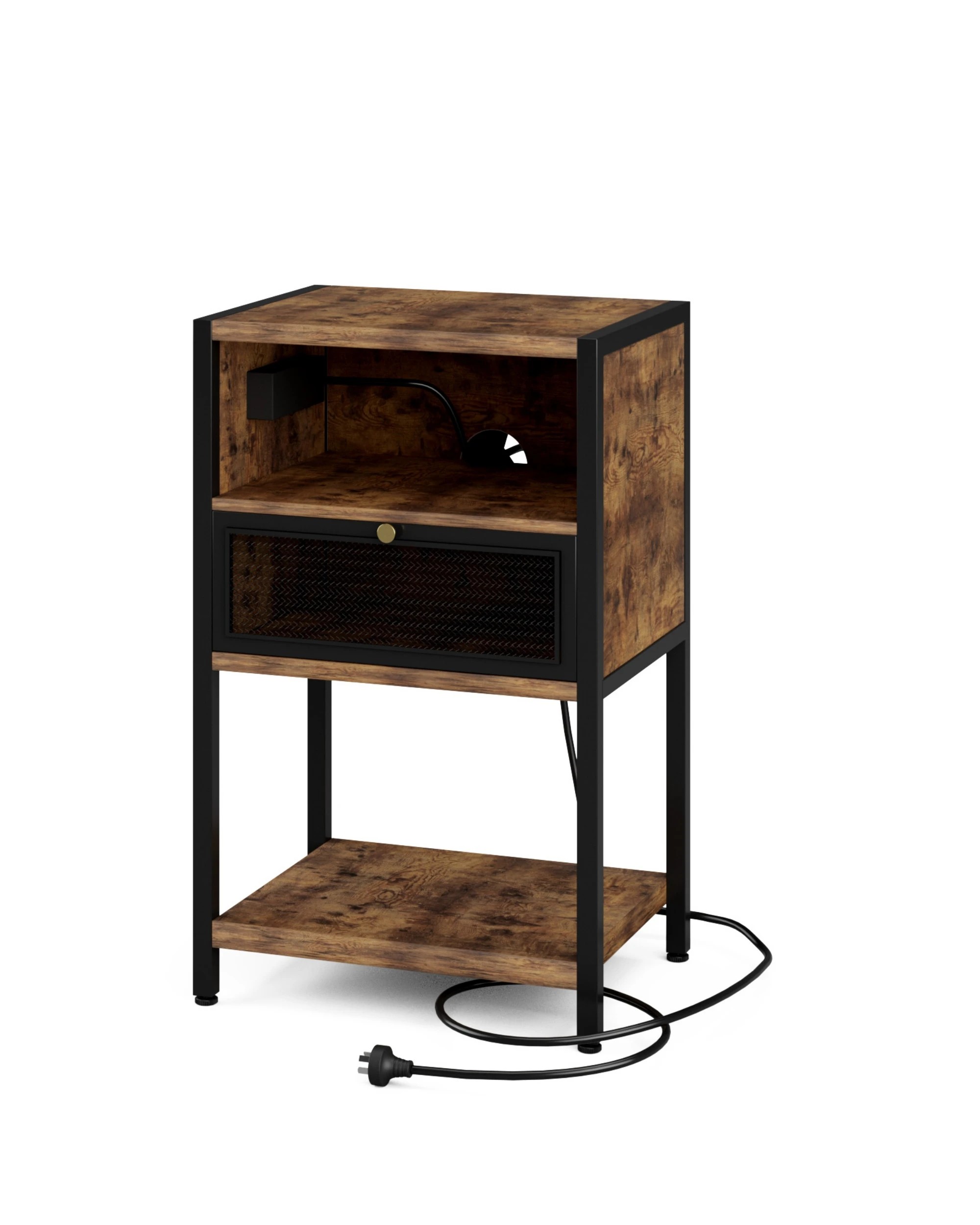 5 Advwin 2x Bedside Table with Charging Station Metal Mesh Drawer Nightstand Side Table - Brown, 5 of 9