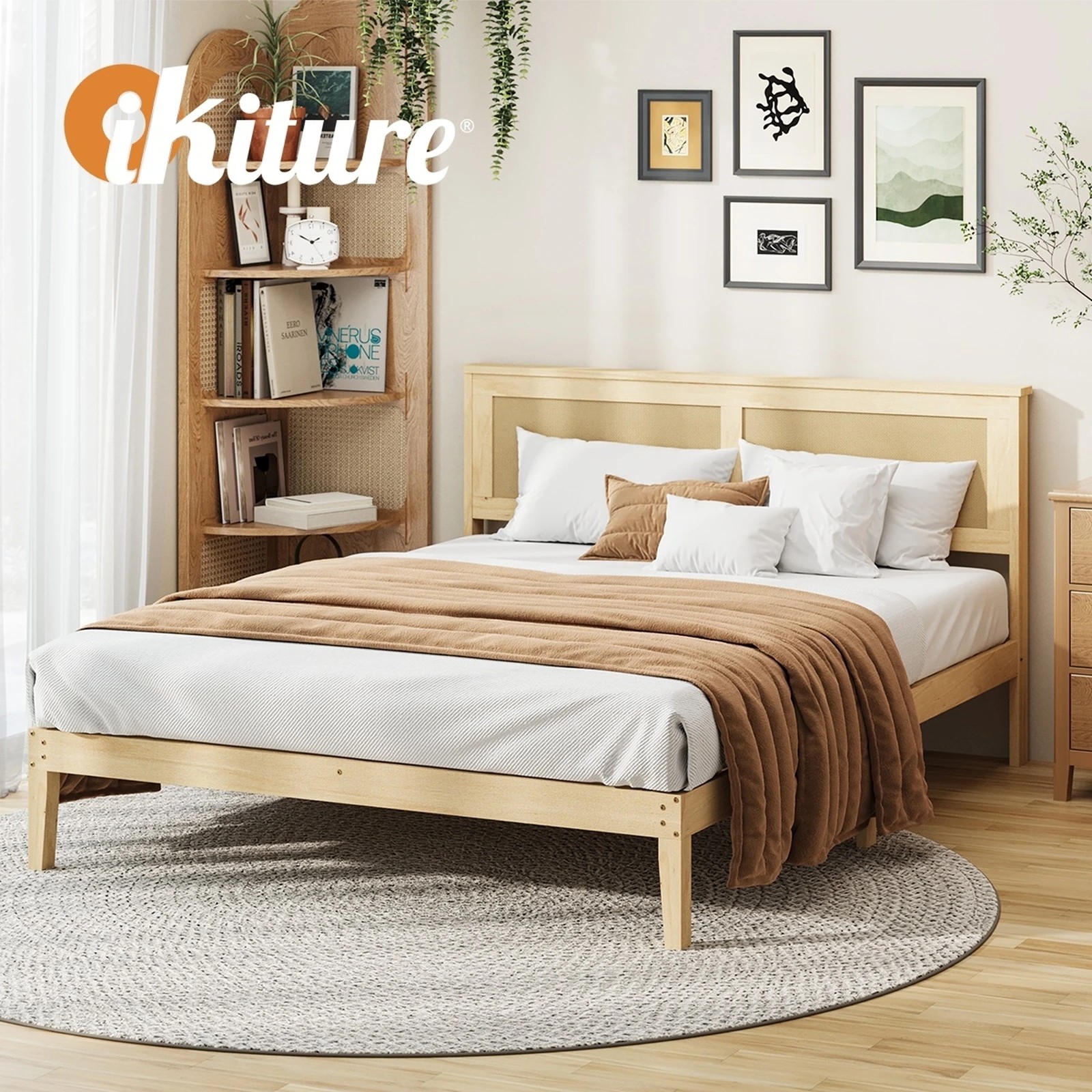 6 Oikiture Wooden Bed Frame Rattan Headboard Double - Double Bed - Natural, 6 of 10