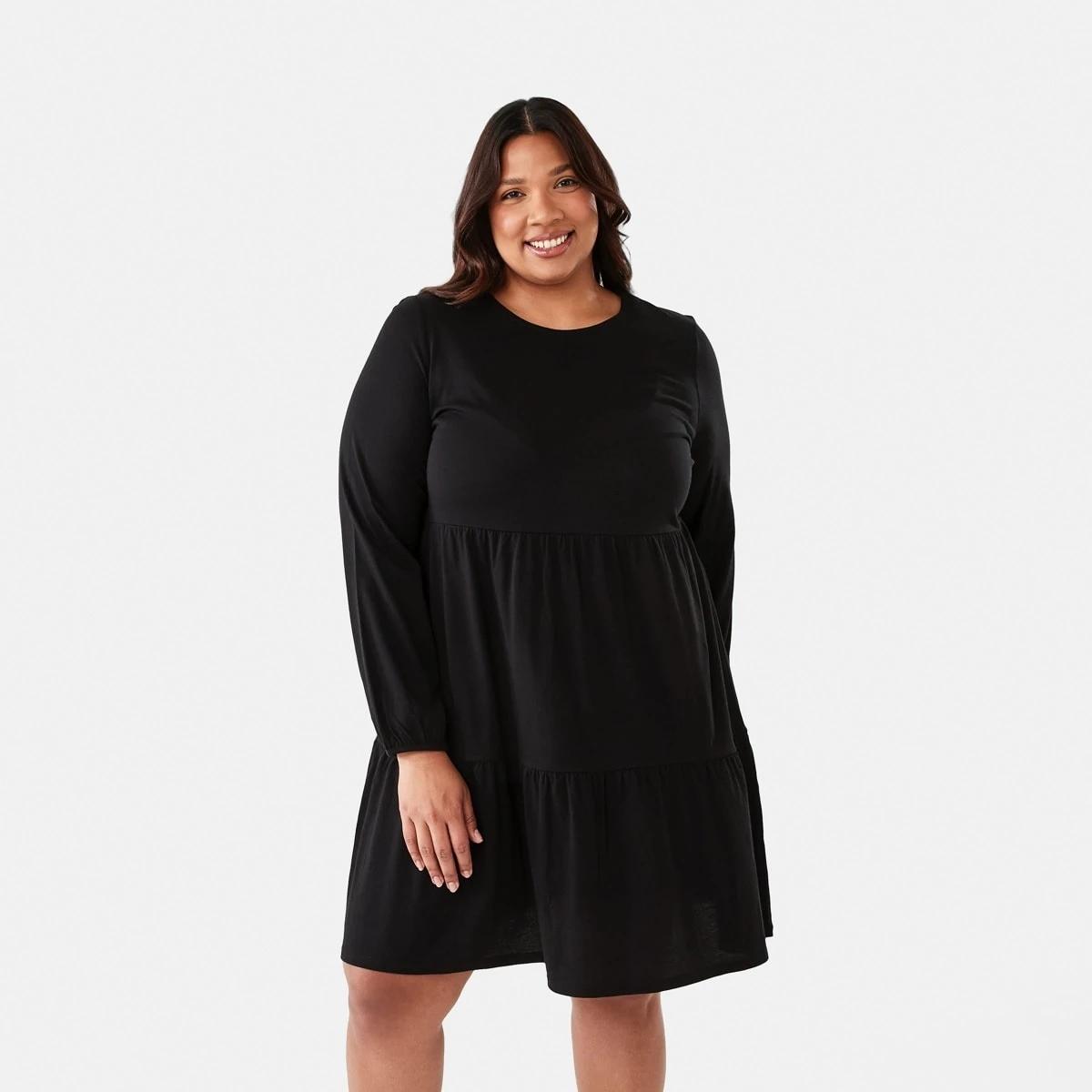 1 Curve Long Sleeve Frill Hem Dress Black, 1 of 7