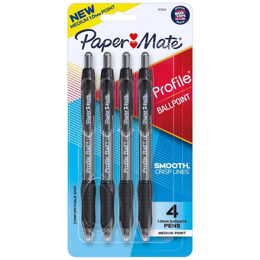 1 Paper Mate Profile Retractable Ballpoint Pen 1mm Black 4 Pack, 1 of 3