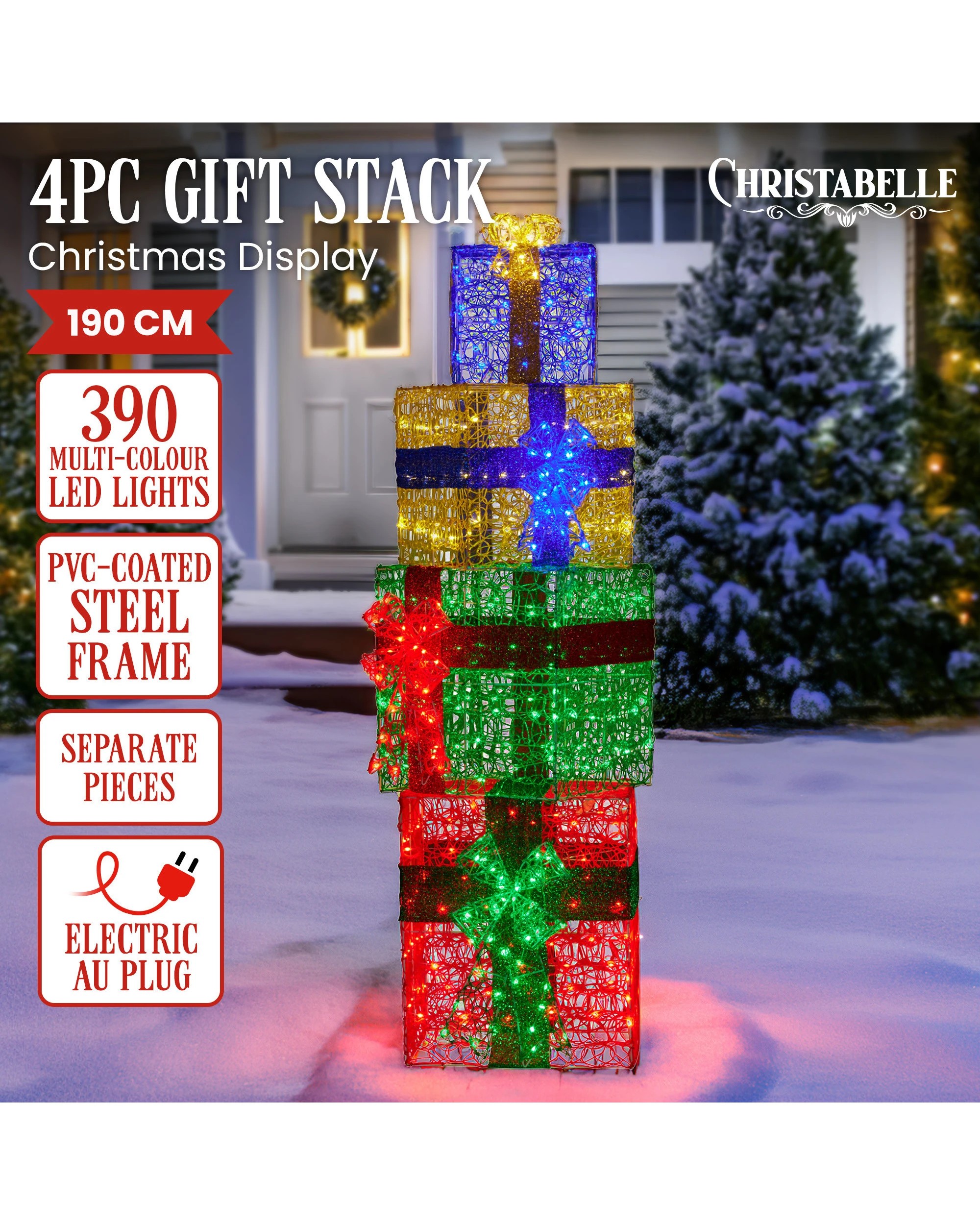 2 Christabelle 1.9m Christmas 4-piece Gift Stack Led Lights Bows Indoor Outdoor Front Lawn Yard Decoration Statue, 2 of 5