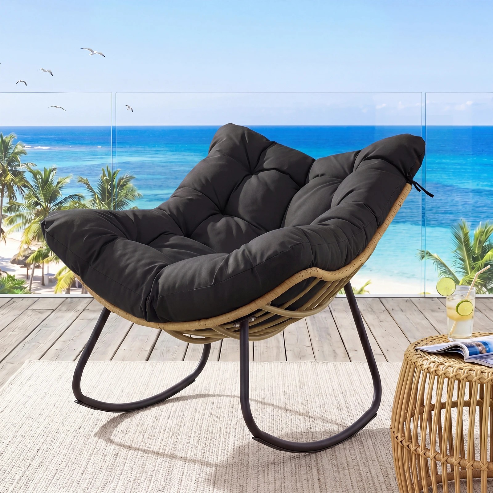 4 Costway Outdoor Papasan Rocking Chair w/Cushion Oversized PE Wicker Egg Chair - Black, 4 of 6