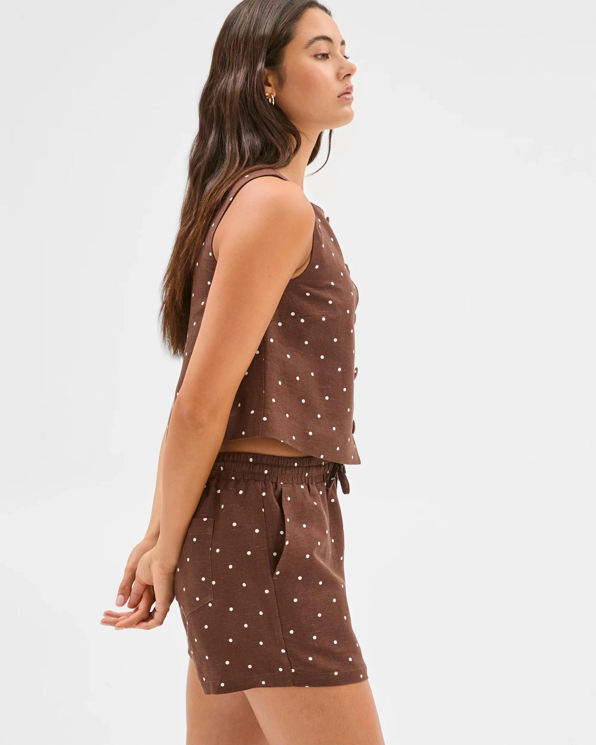 4 European Linen Blend Pull On Shorts - Lily Loves ESPRESSO/IVORY SPOT, 4 of 7