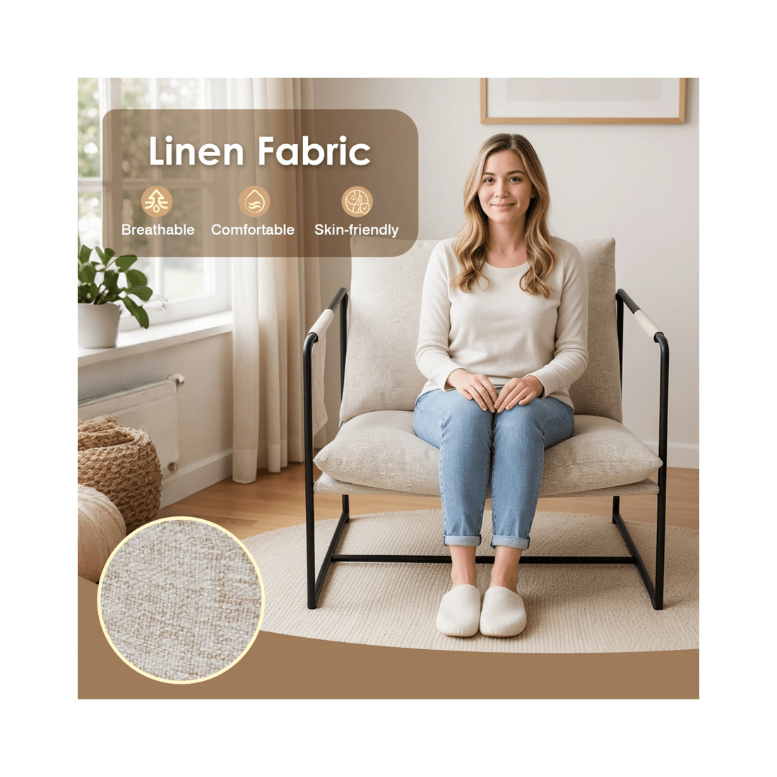 9 Advwin Sling Accent Chair Linen Lounge Chair Armchair with Upholstered Cushions & Side Pocket Beige, 9 of 10