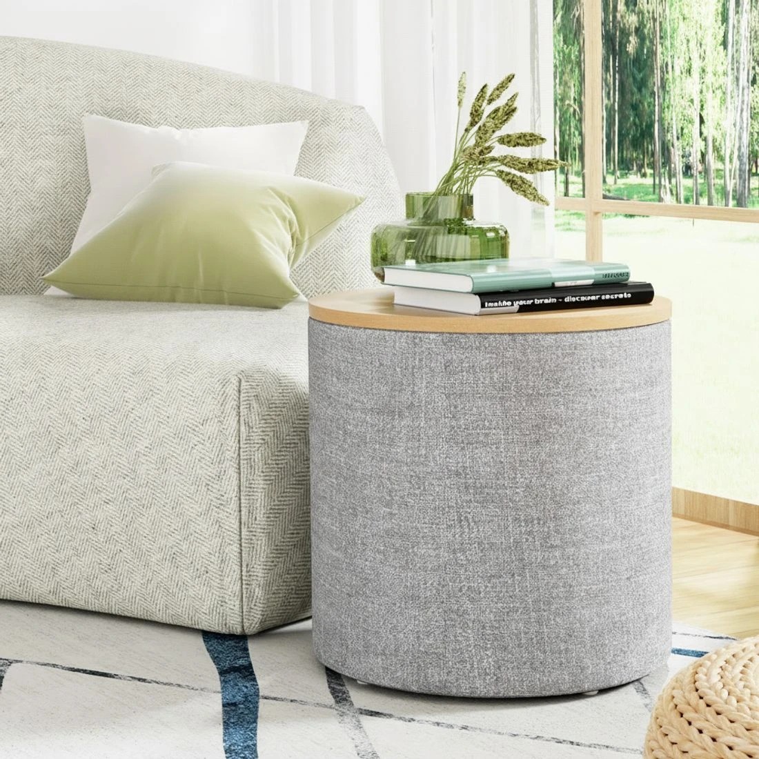 3 Artiss Storage Ottoman Blanket Box 40cm Linen Round - Multi, 3 of 6