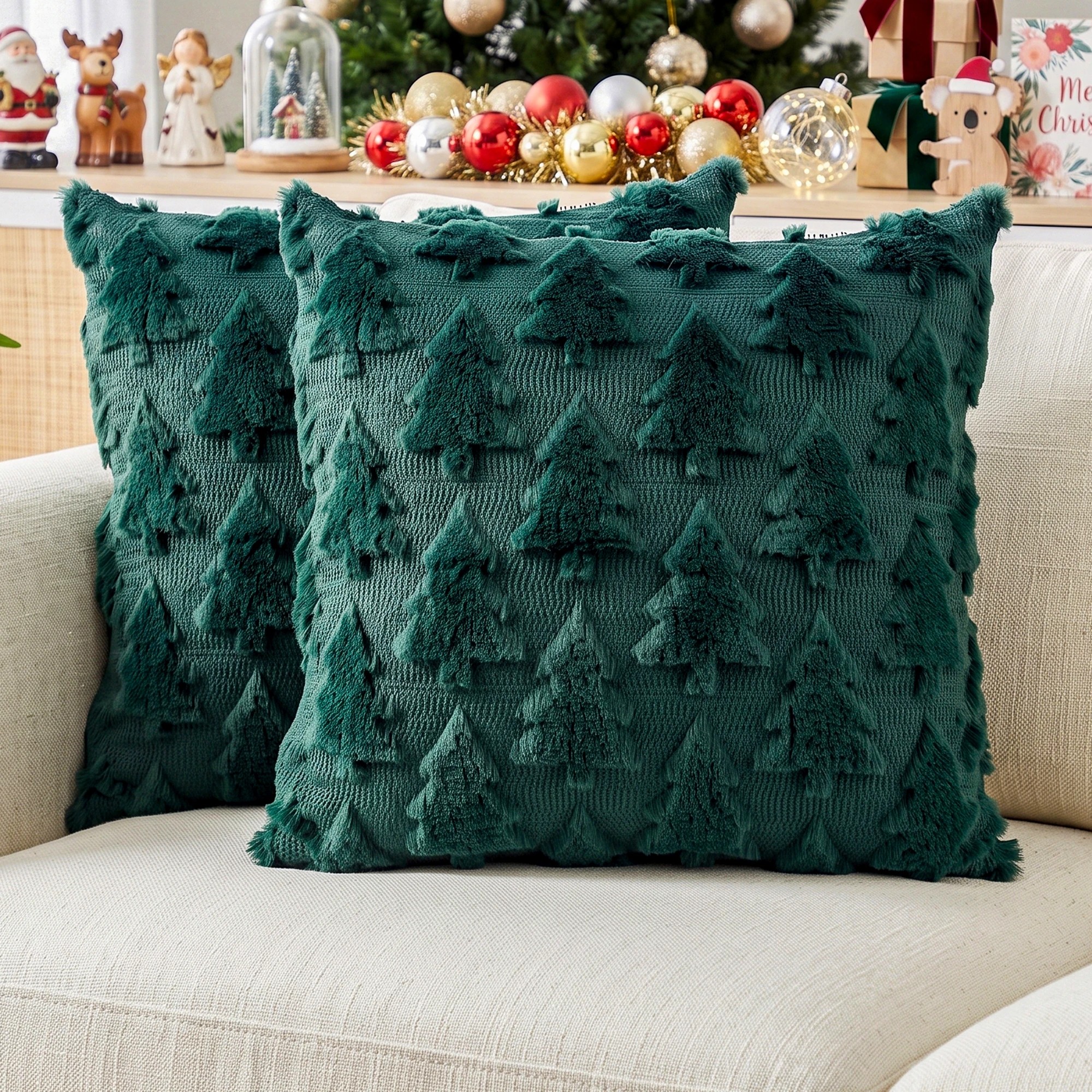 2 Jingle Jollys Christmas Tree Pillow Covers 2 Packs Cushion Covers Soft Faux Fur Jacquard 45 x 45cm Green - Green, 2 of 8