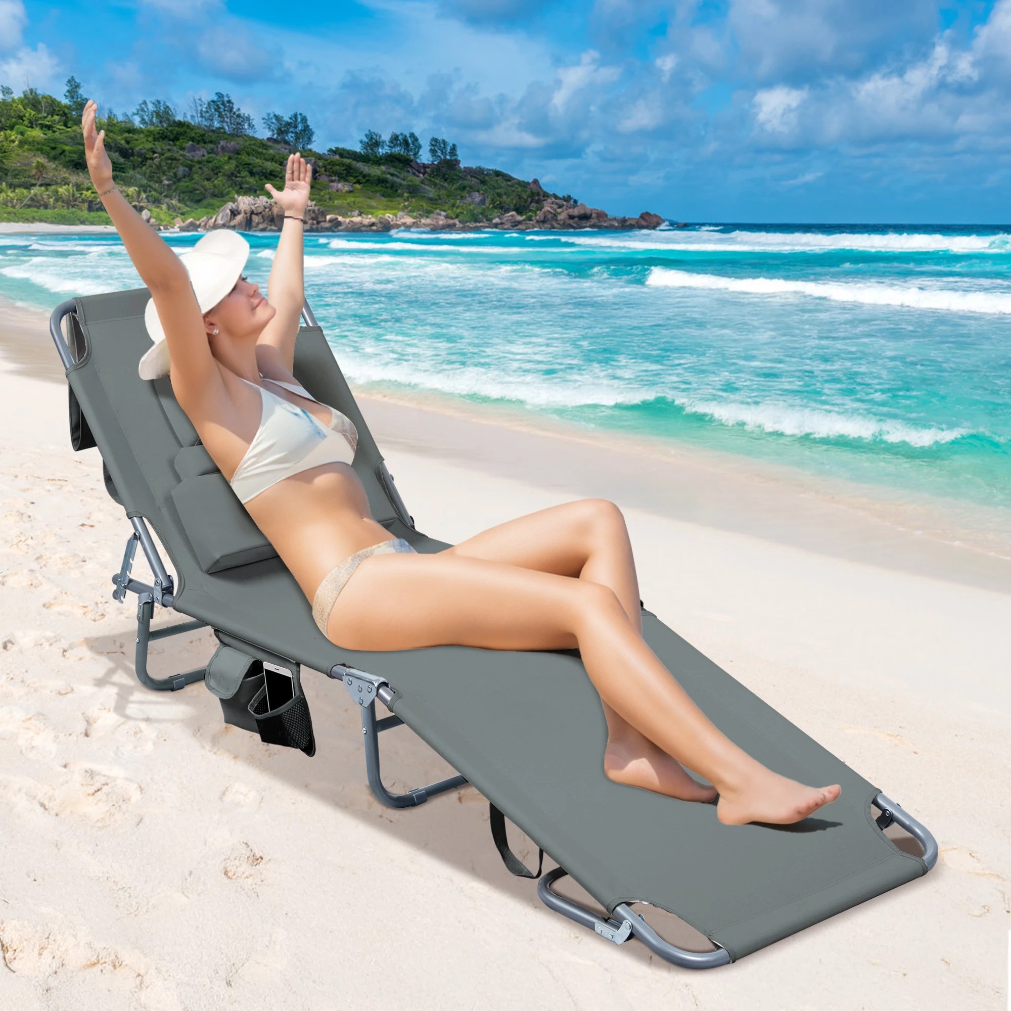 7 Levede Folding Beach Lounge Chair with Face Hole Sun Lounger Camping - Grey, 7 of 9