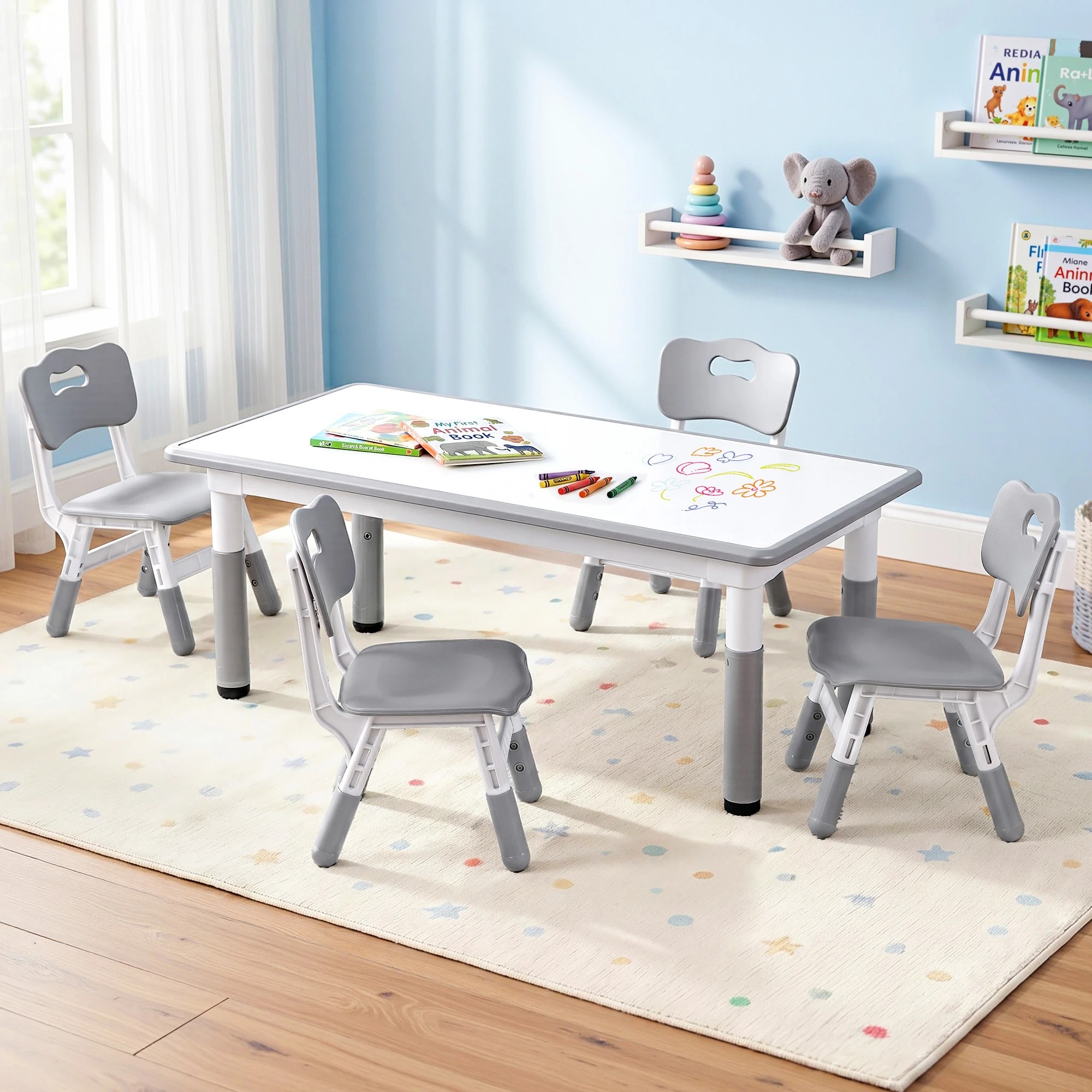 9 Keezi Kids Table and 4 Chairs Set Height Adjustable Toddler Activity Table Graffiti Top - Multi, 9 of 9