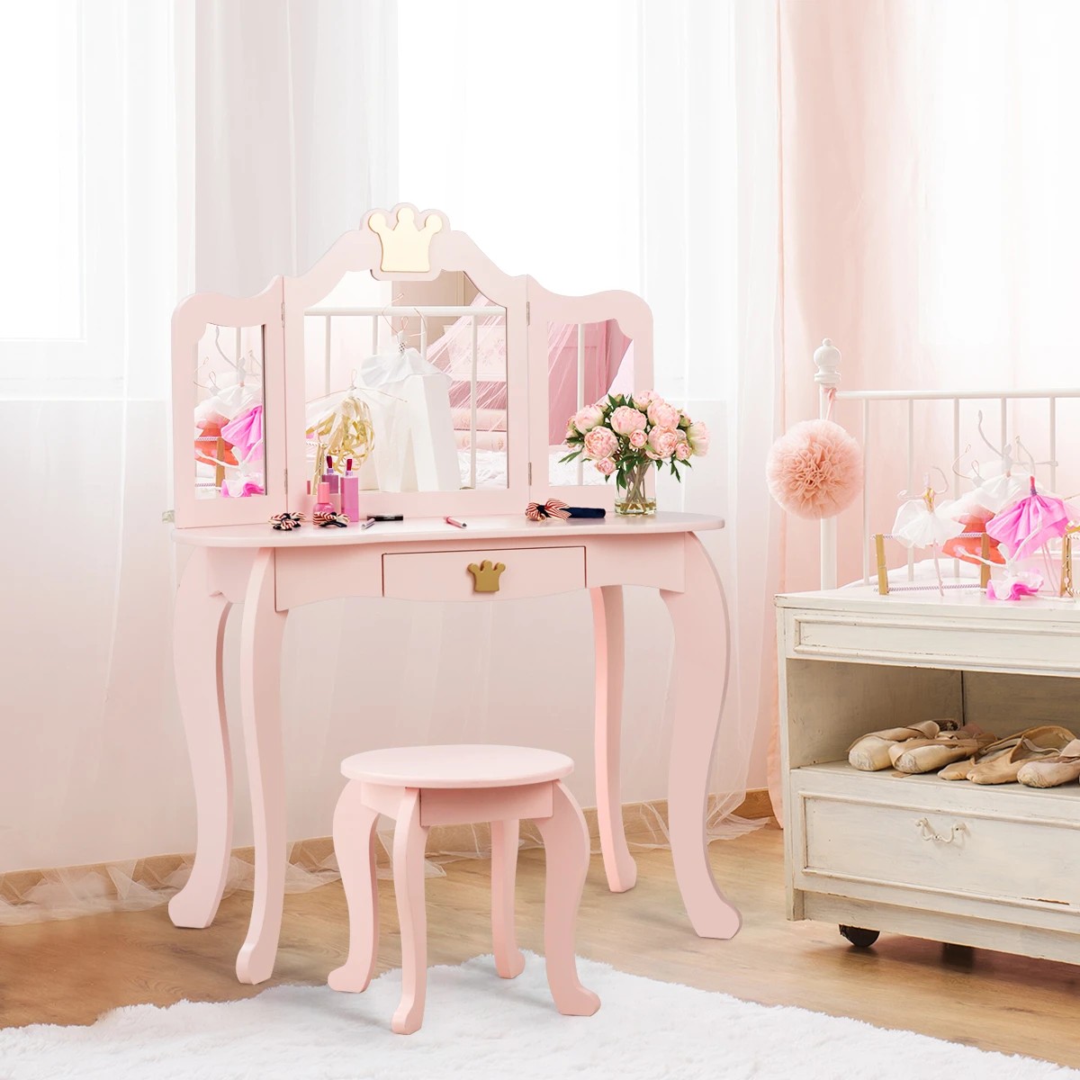 3 Costway Dressing Table Stool Mirror Set Princess Vanity Makeup Table Dresser - Pink, 3 of 3