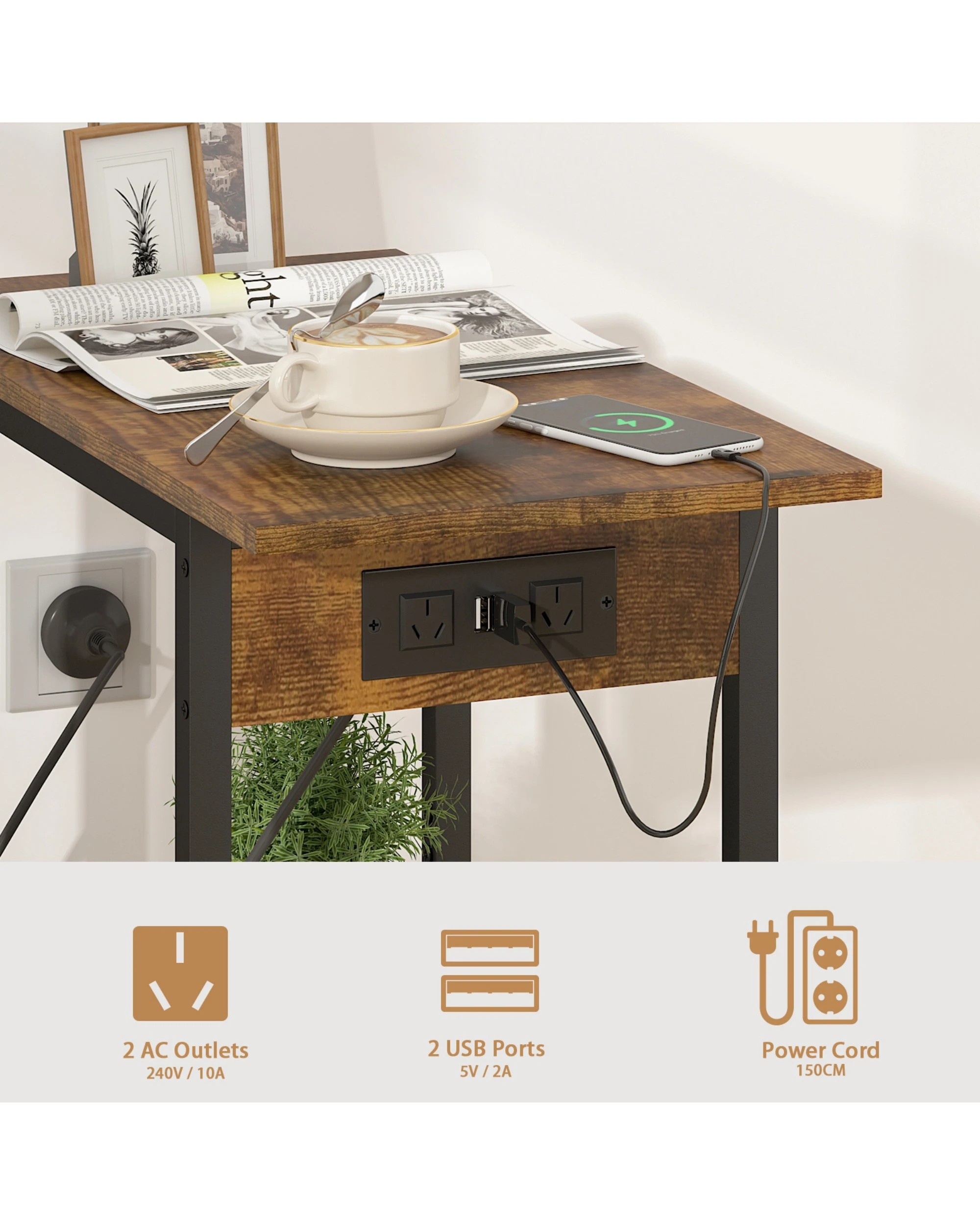 5 Advwin Set of 2 Side Tables w/ Charging Station & Drawer Walnut, 5 of 8