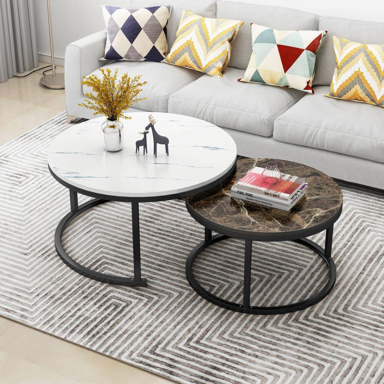 2 Foret Coffee Table Nesting Side 2pc Set 80cm Tea Marble Tempered Glass Brown White, 2 of 6