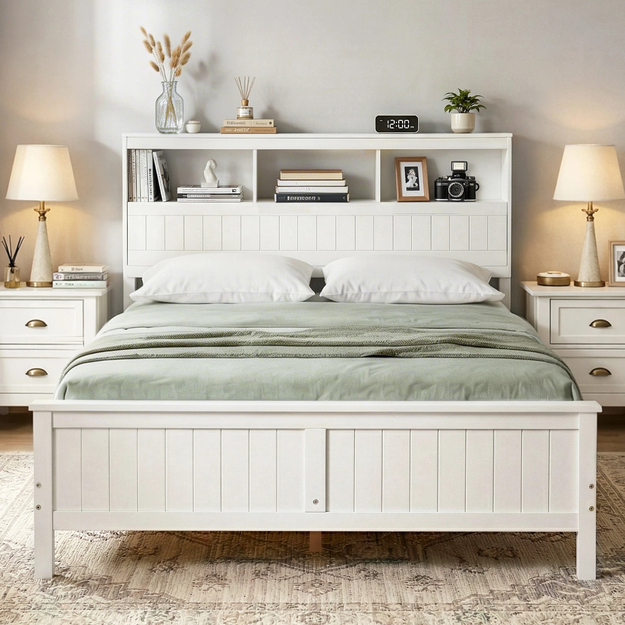 3 Artiss Queen Bed Frame with Storage Headboard Wooden Bed Base - White, 3 of 4