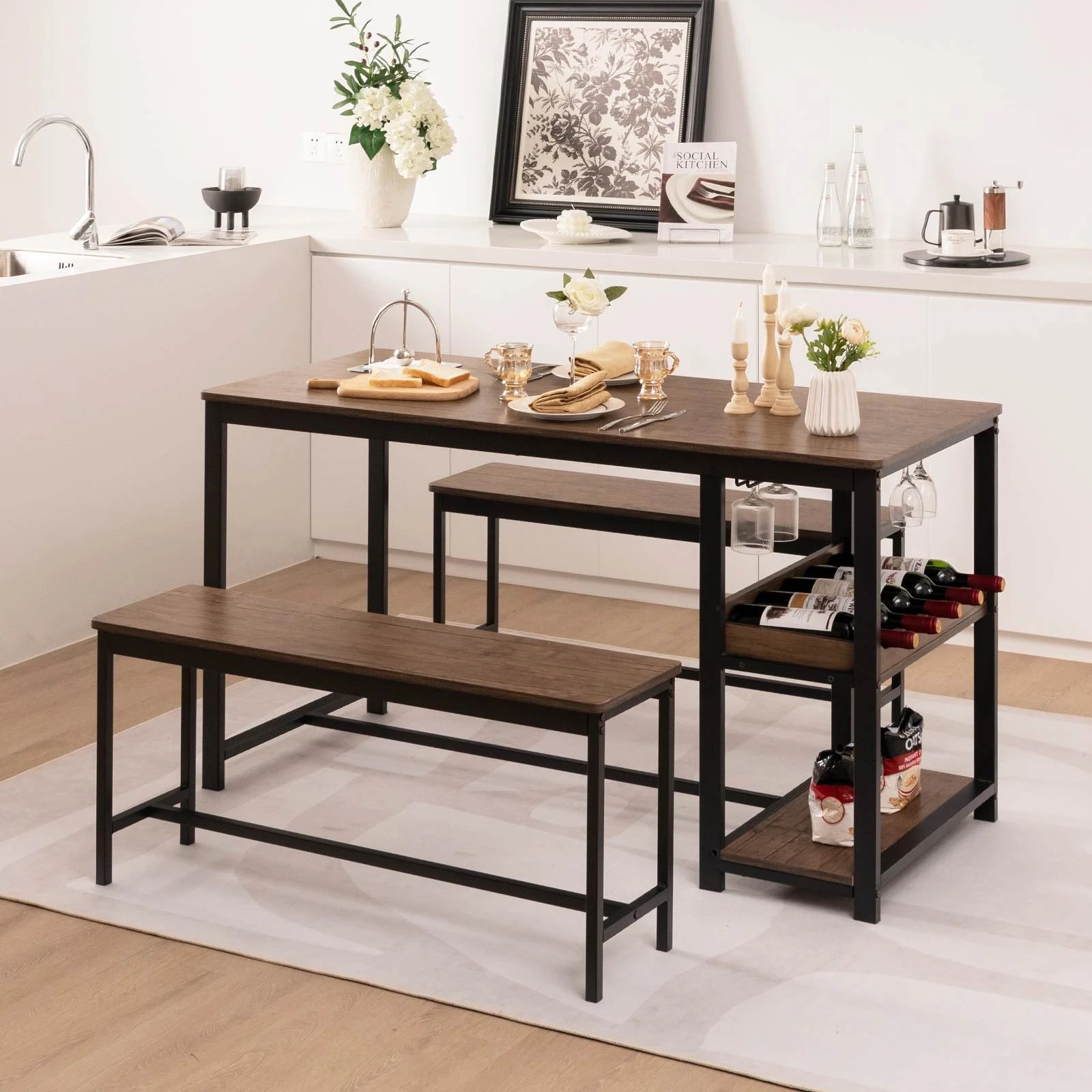 3 Costway 3PCS Dining Table Set Kitchen Table & 2 Benches Glass Holder Wine Rack Storage Shelf, 3 of 4