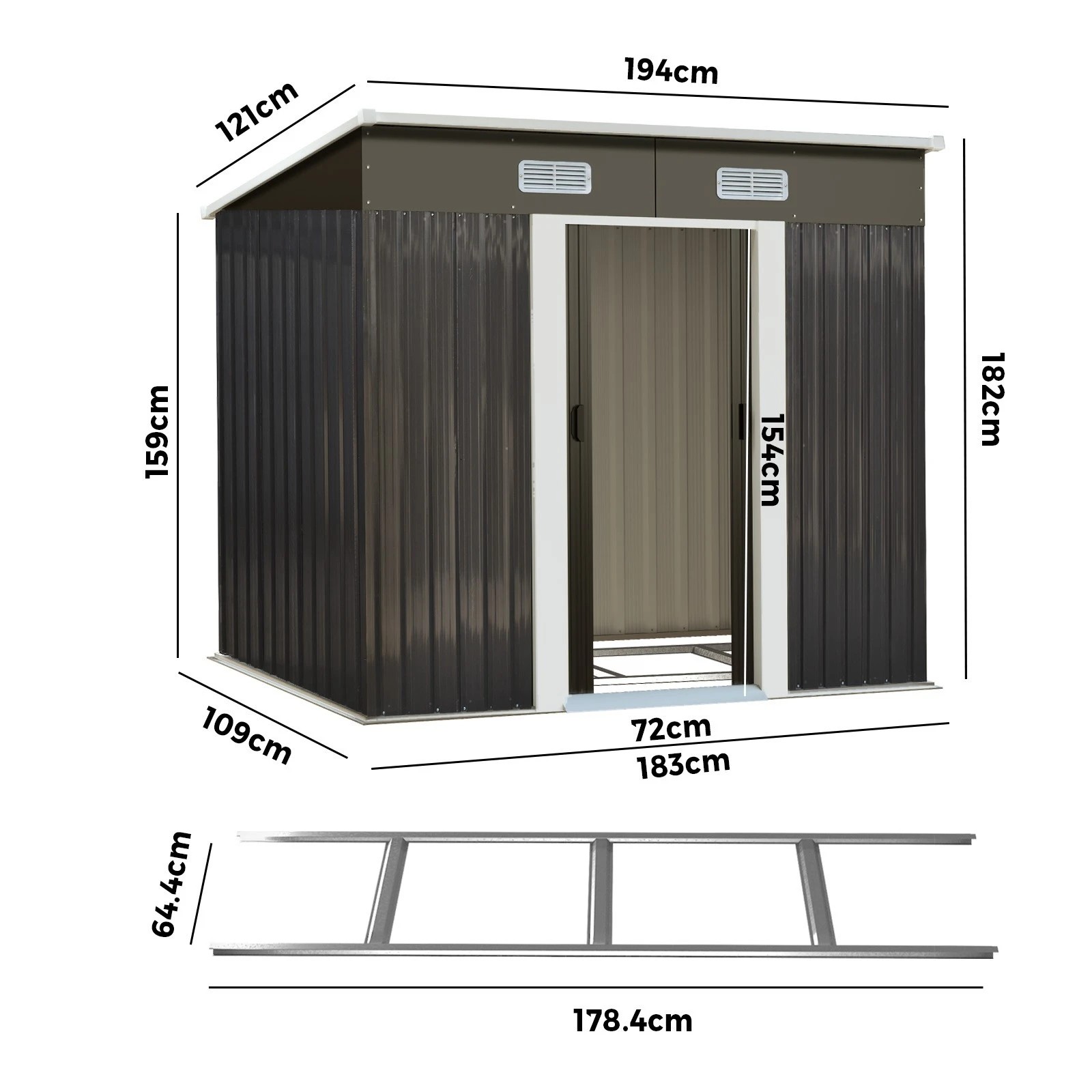 2 Livsip Garden Shed Outdoor Storage Sheds 1.94x1.21M Workshop Cabin Metal Base - Grey, 2 of 8