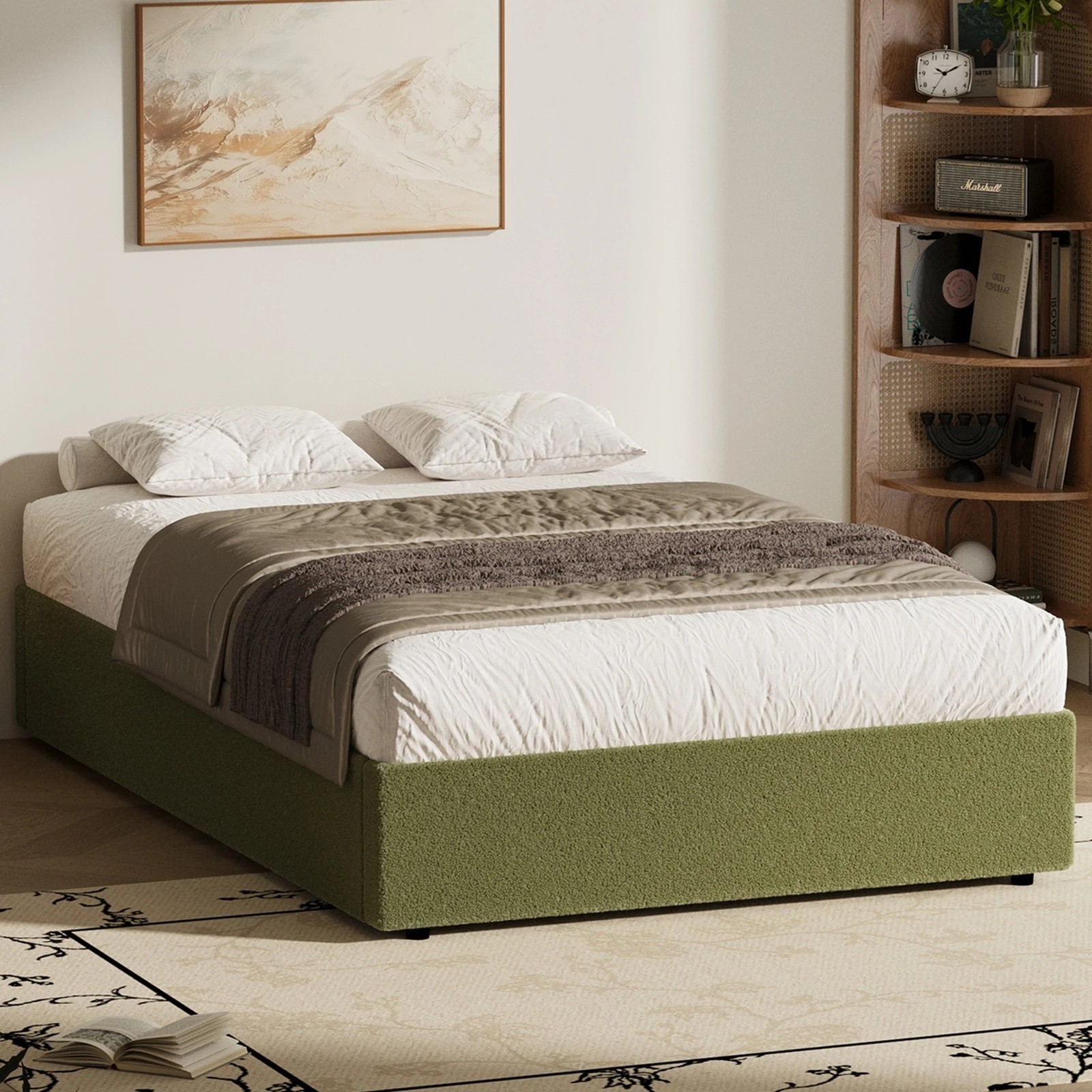 3 Oikiture Bed Frame Double Size Gas Lift Base with Storage Boucle - Green, 3 of 8