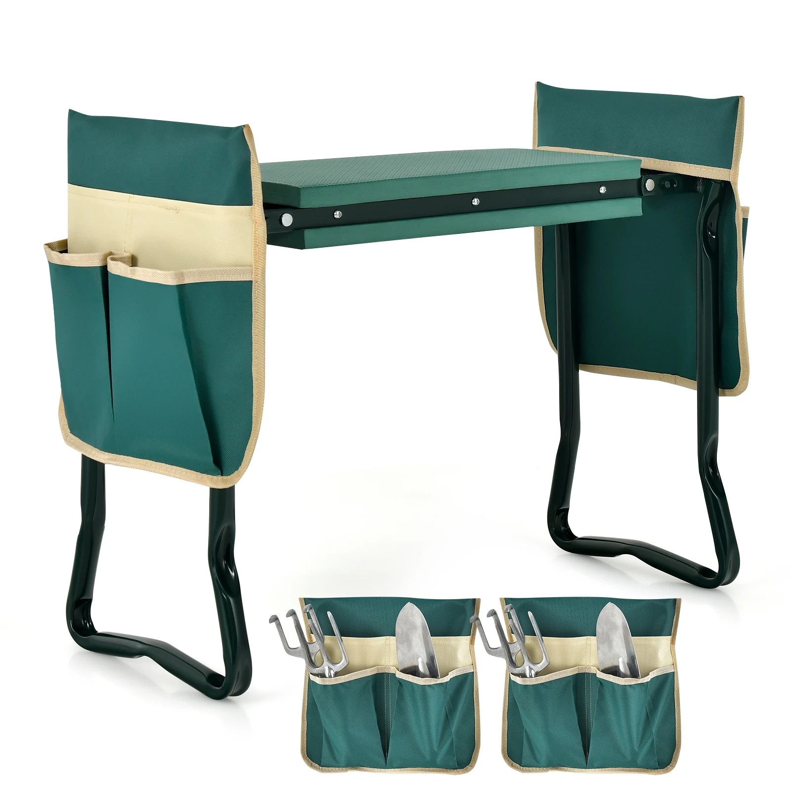 1 Costway Foldable Garden Kneeler Portable Gardener Seat Stool Kneeling Pad w/2 Bonus Tool Pouches - Green, 1 of 3