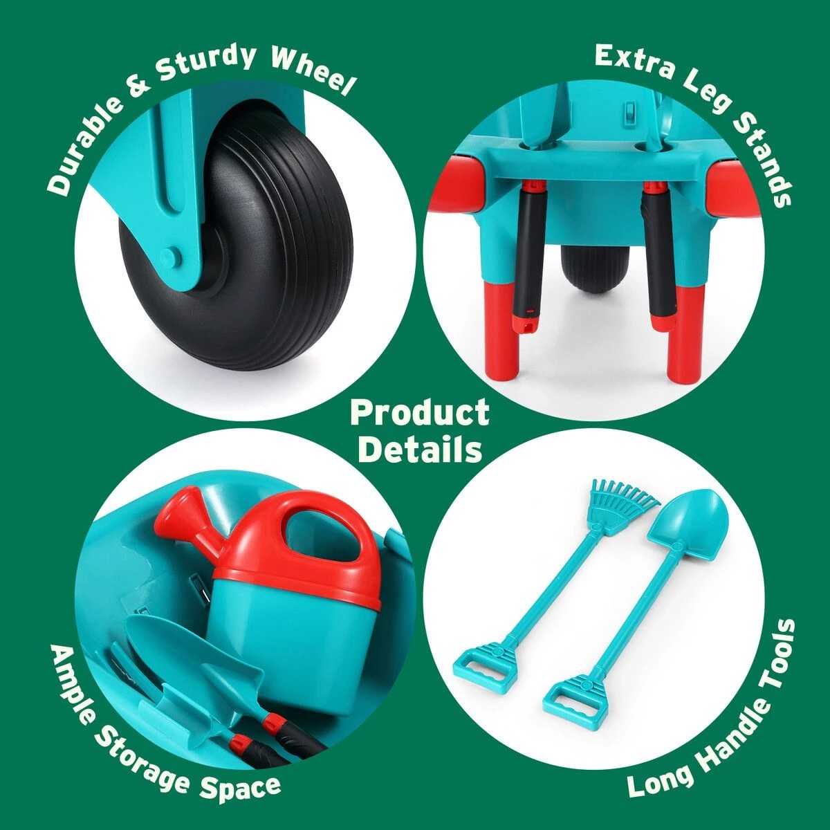 3 AUSWAY Kids Garden Tool Toy Set Wheelbarrow Watering Can, 3 of 4
