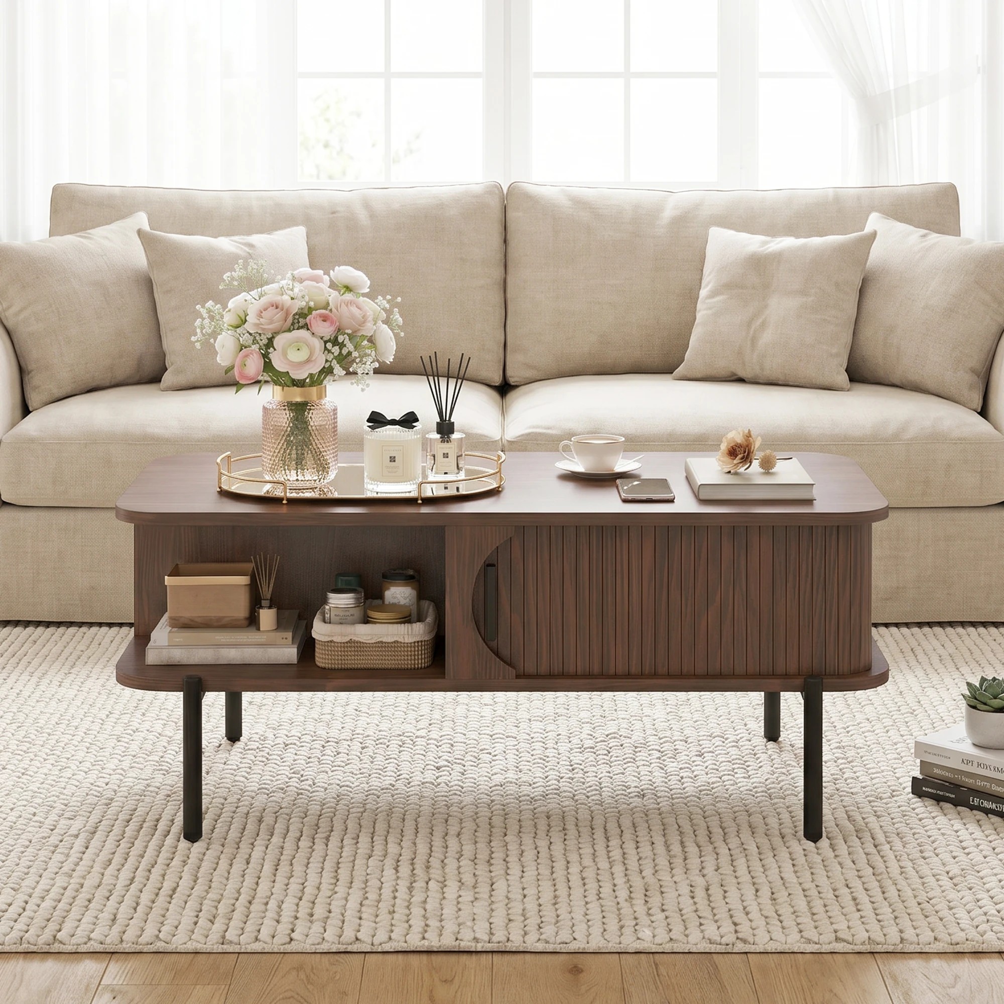 5 Advwin Coffee Table Fluted Center Table with Sliding Door - Brown, 5 of 6