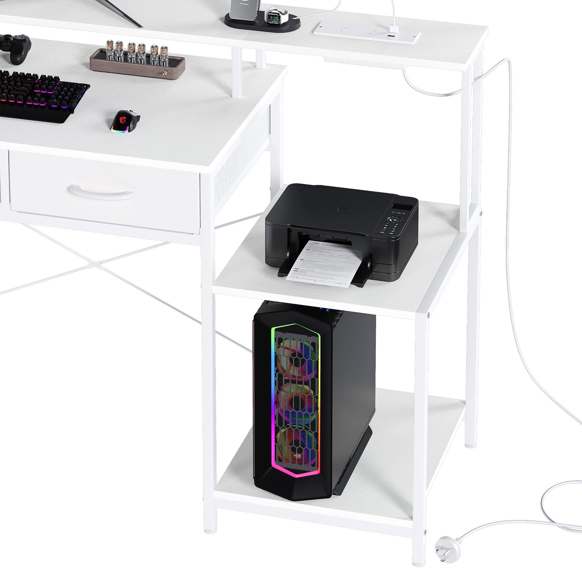 6 Advwin 120cm Gaming Desk With Led Lights Power Outlets Reversible Printer Storage Shelf Computer Desk White, 6 of 10