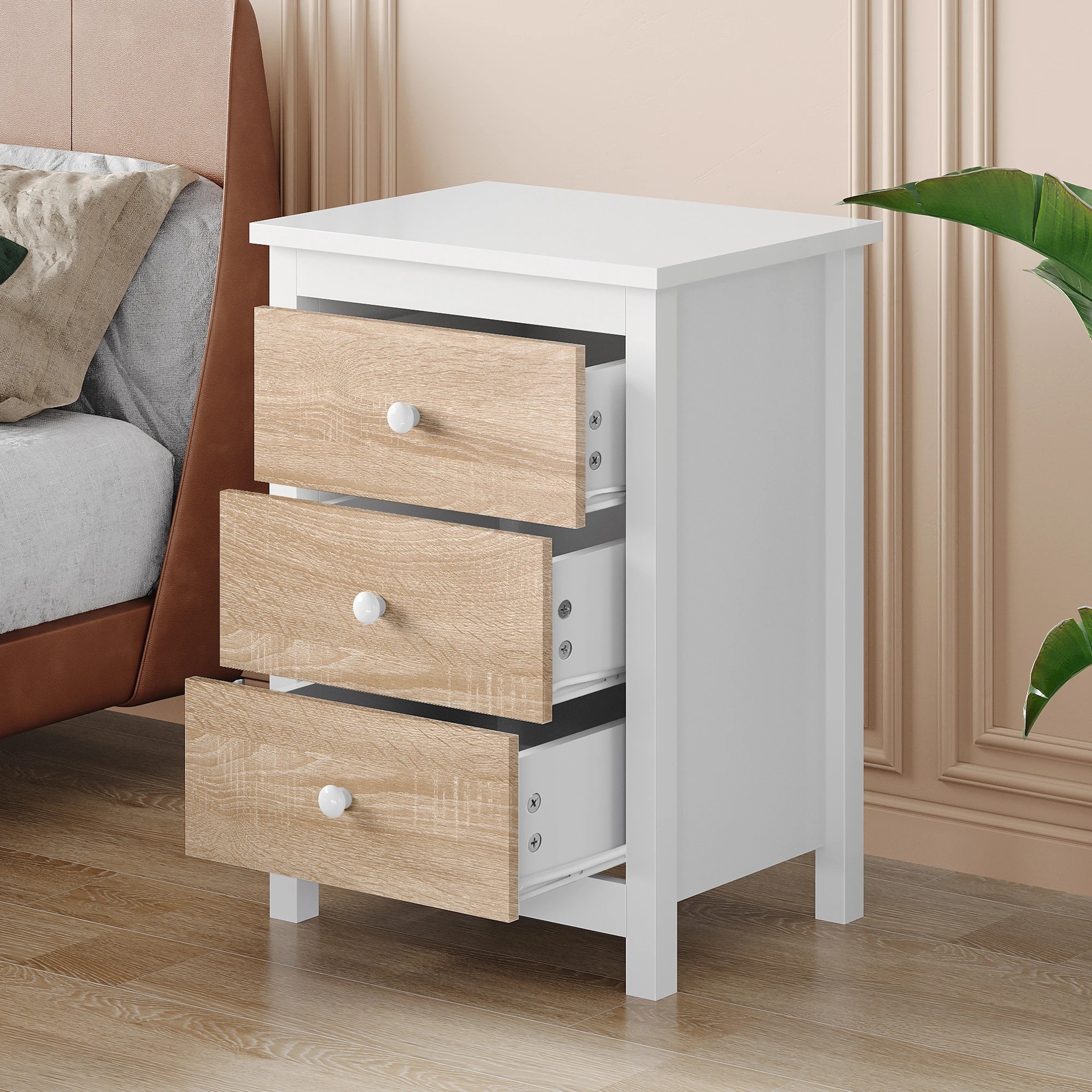 9 Alfordson Bedside Table Hamptons Nightstand Storage Side End 3 Drawers Oak, 9 of 10