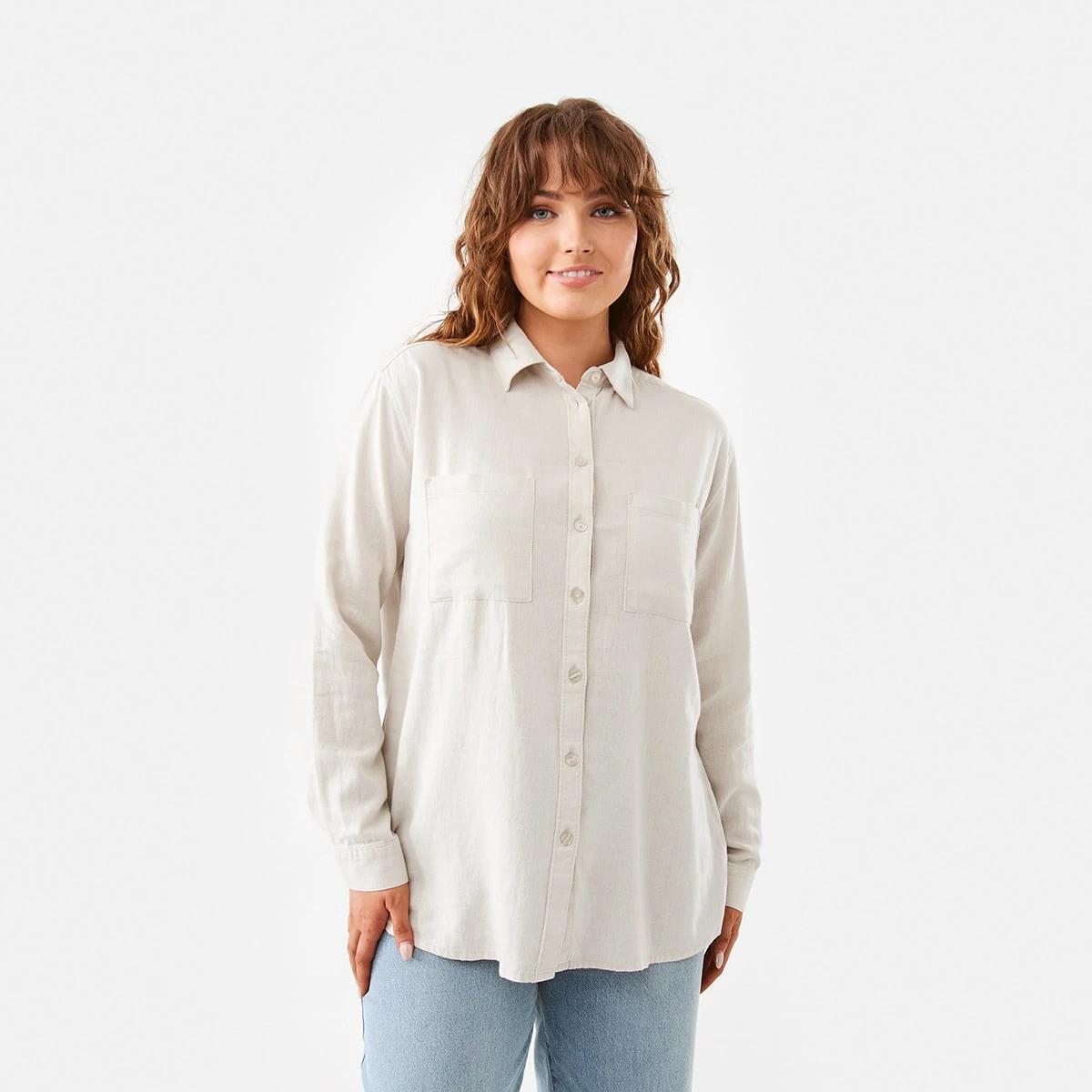 1 Long Sleeve Linen Blend Shirt Nat Beige, 1 of 7