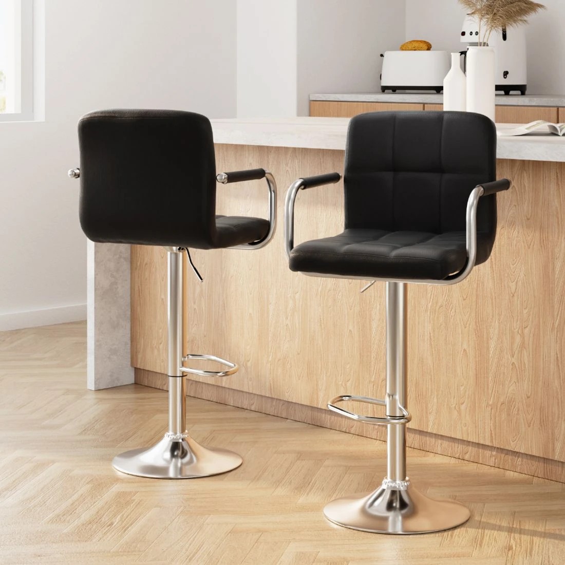 3 Artiss 2x Bar Stools Leather Gas Lift w/Armrest
 - black, 3 of 3