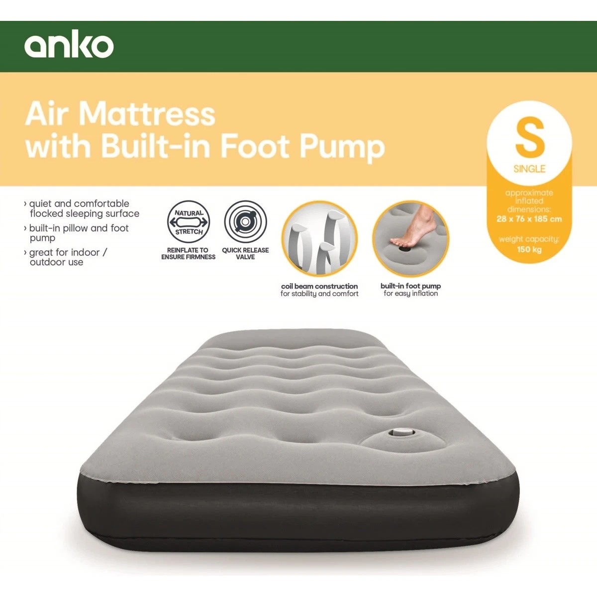 1 Air Mattress with Built-in Foot Pump - Single Bed, Grey, 1 of 3