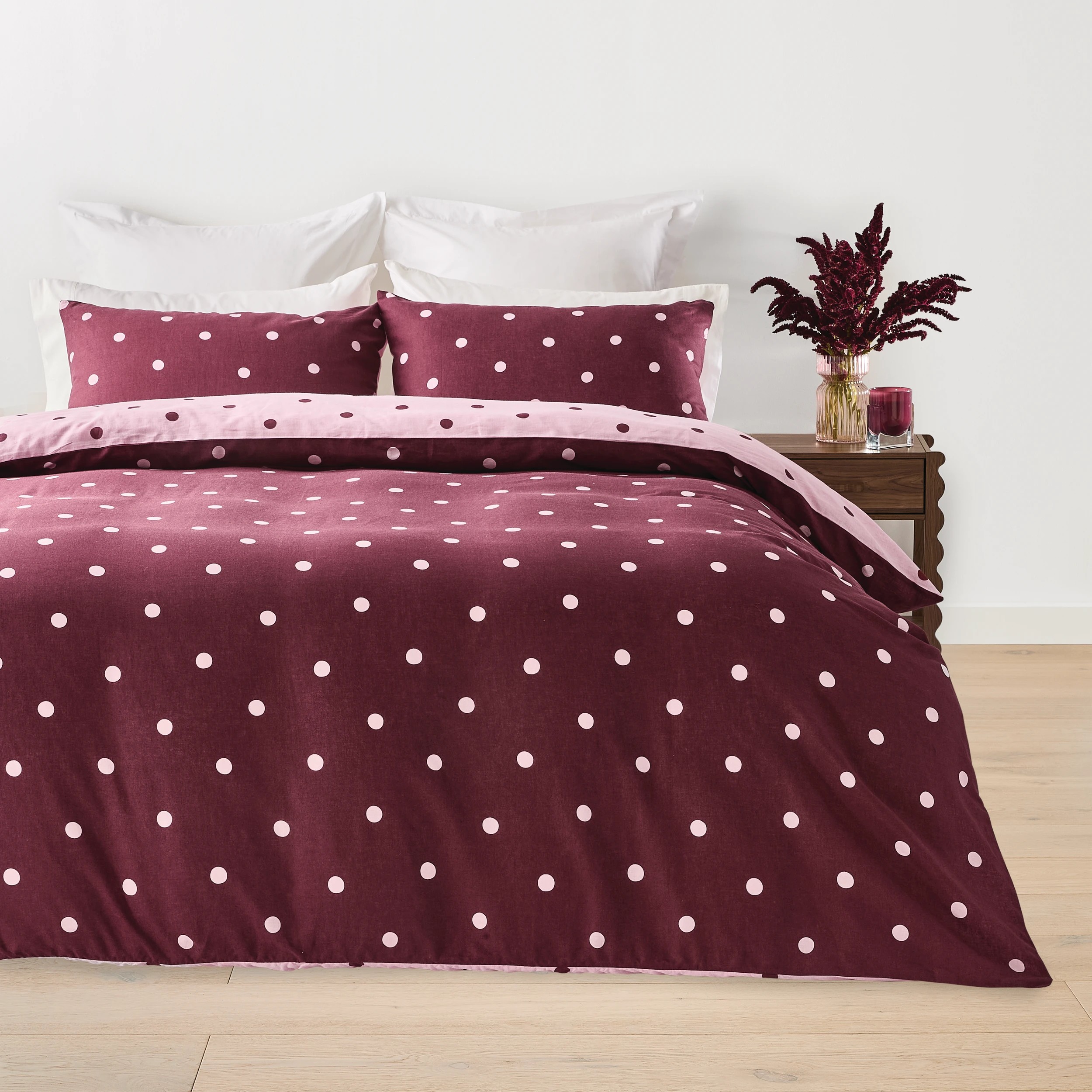1 Polka Dot Linen Cotton Reversible Quilt Cover Set - Queen Bed, Fig and Pink, 1 of 8